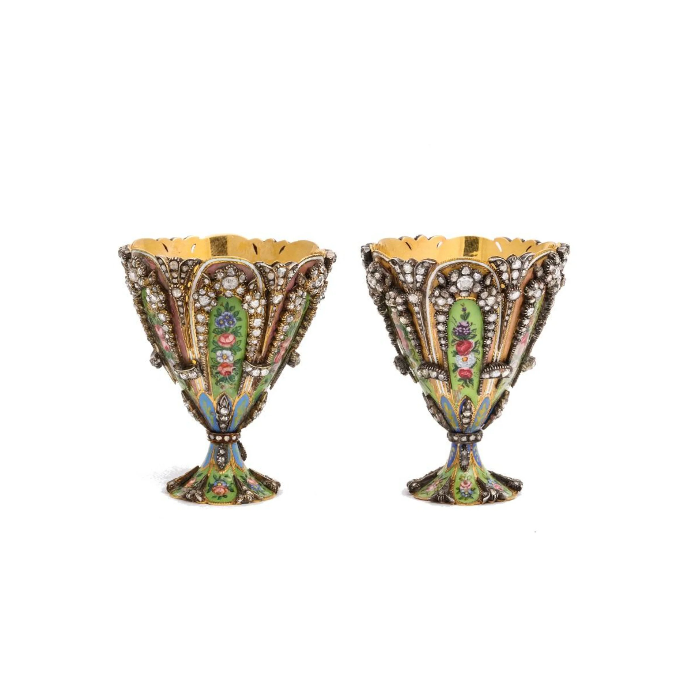 Highly Important Museum Quality Pair of Diamond and Enamel Zarfs