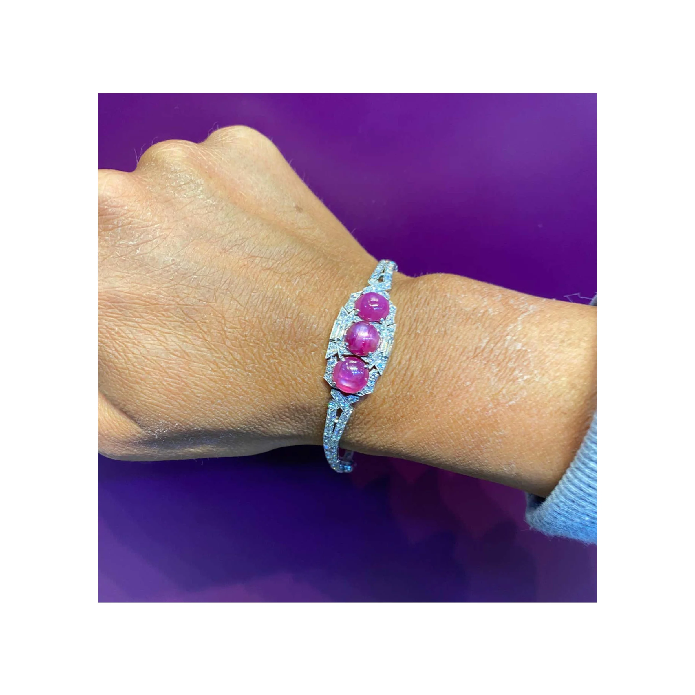 AGL Certified Cabochon Star Pink Sapphire and Diamond Art Deco Bracelet - Image 3