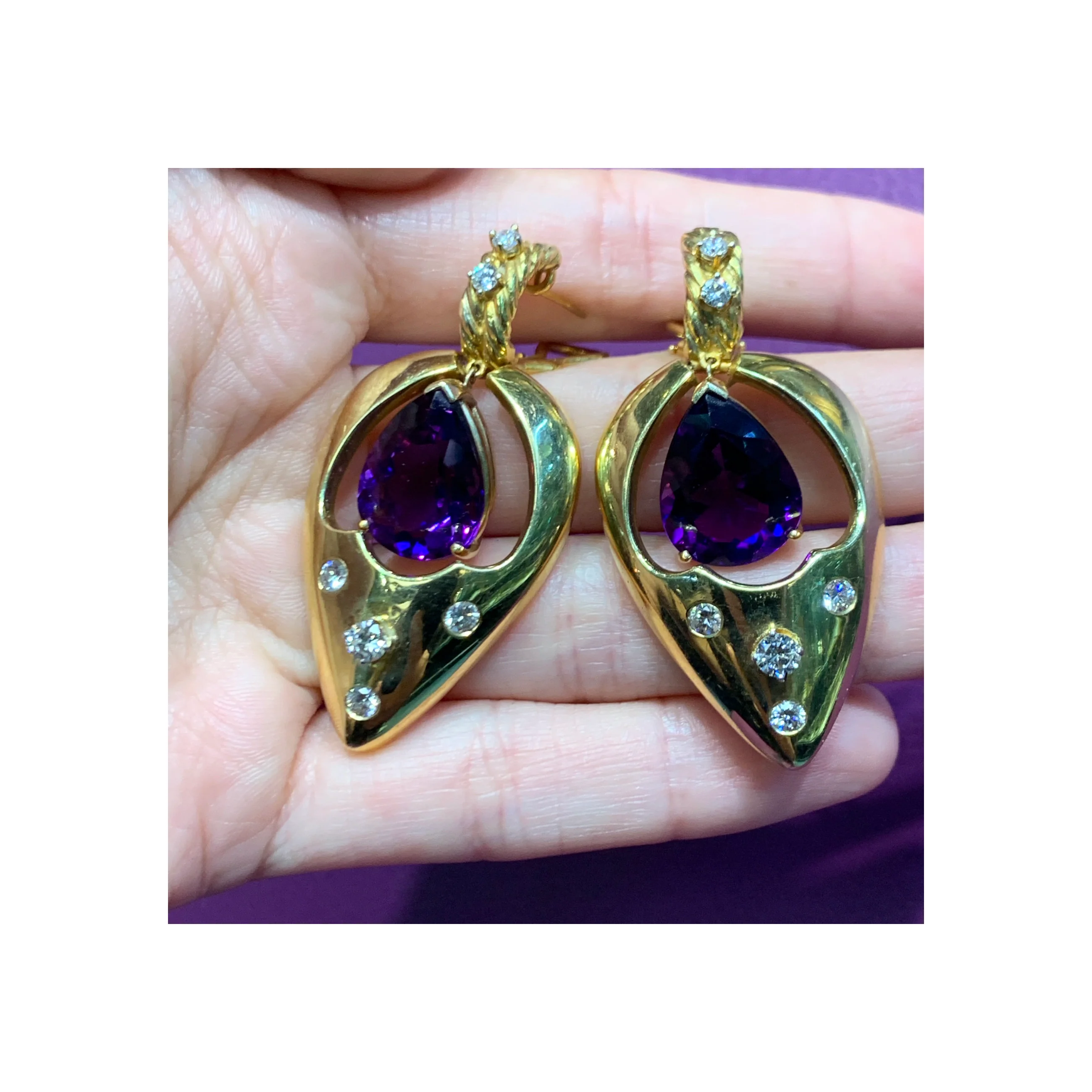 Amethyst and Diamond Gold Dangle Earrings - Image 4
