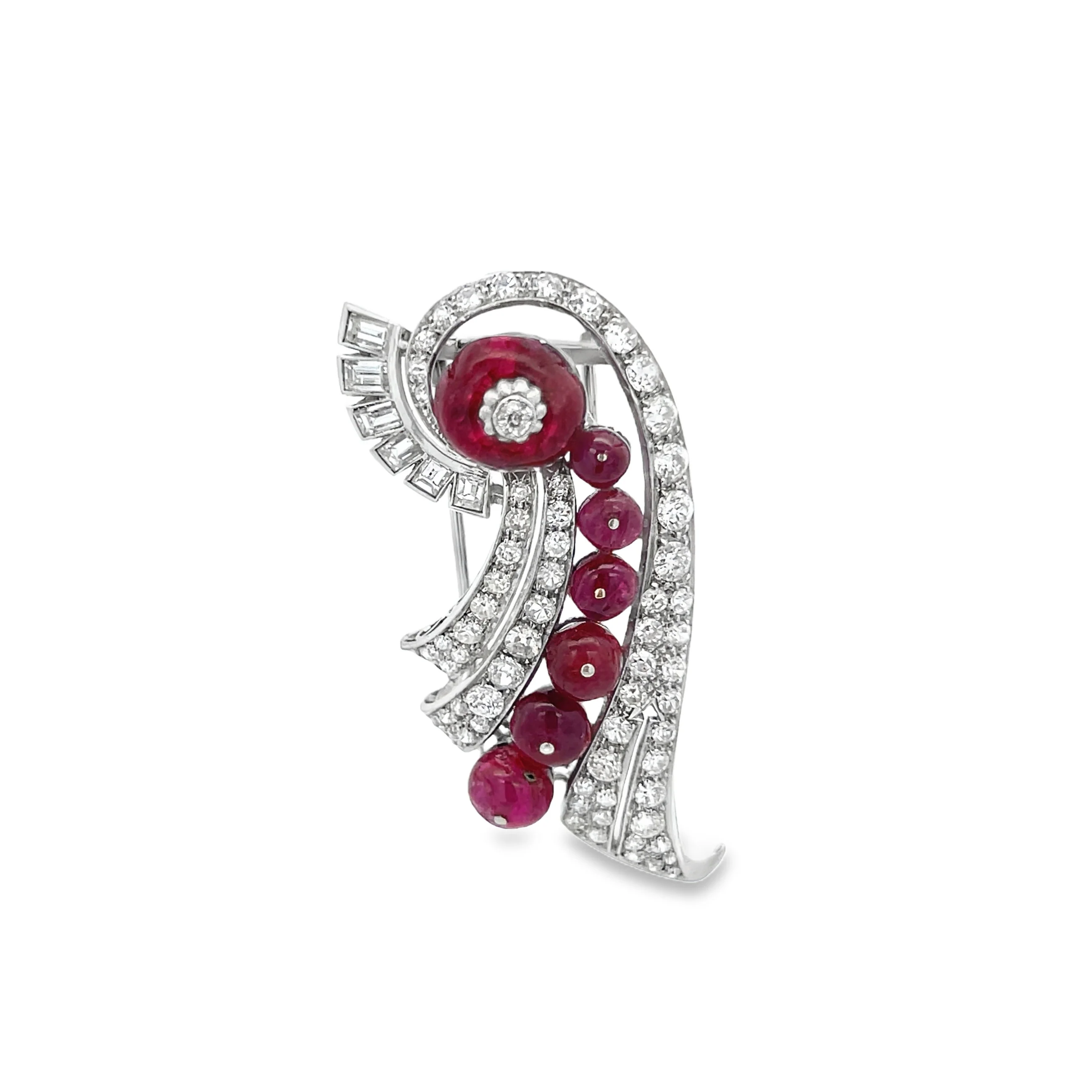 Art Deco Cabochon Ruby and Diamond Brooch