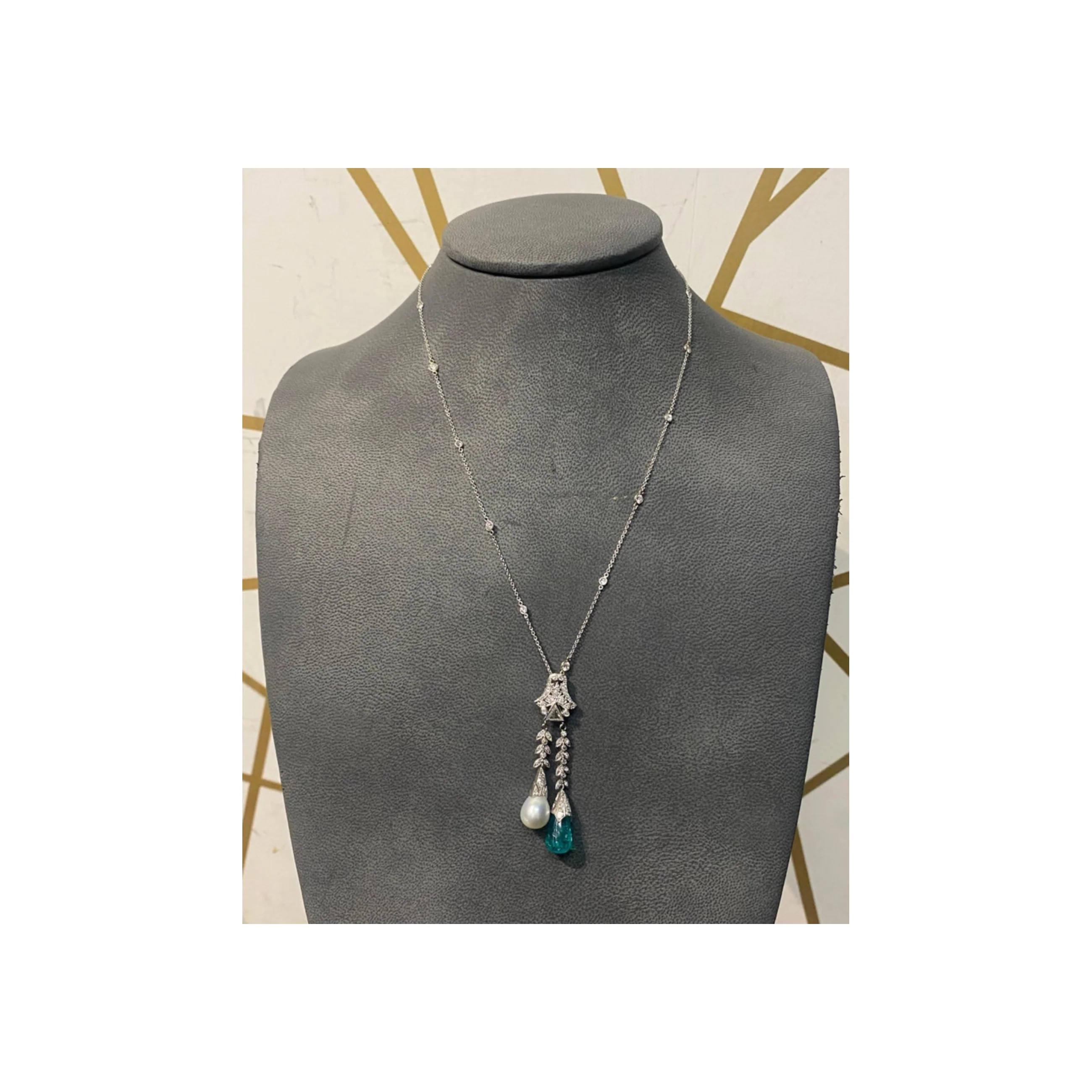 Art Deco Certified Colombian Emerald & Pearl Lavalier Necklace - Image 4