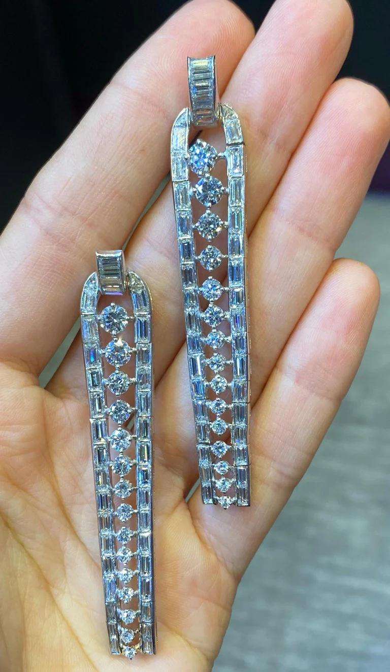 Art Deco Three Row Diamond Linear Earrings - Image 3