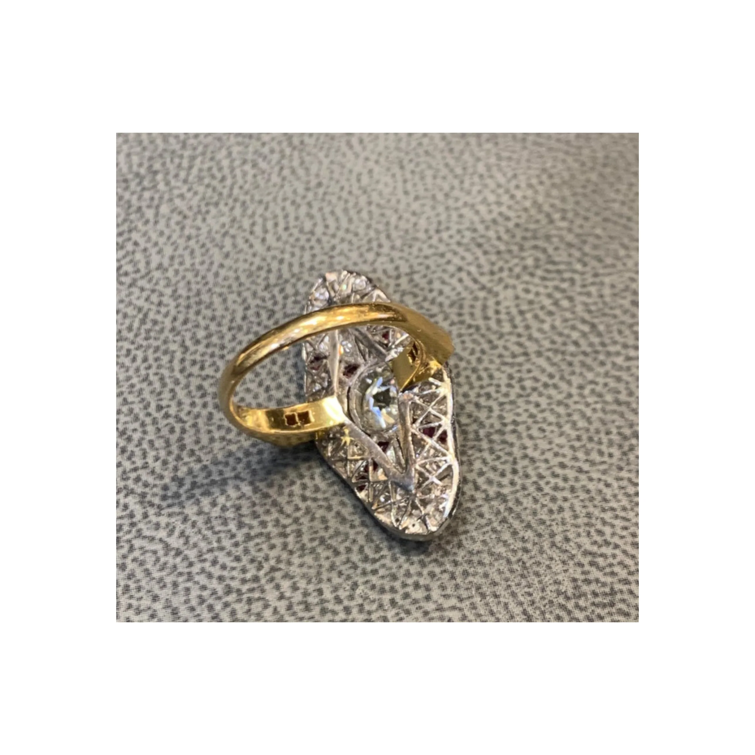 Art Deco Old European Cut Diamond & Ruby Navette Ring - Image 10