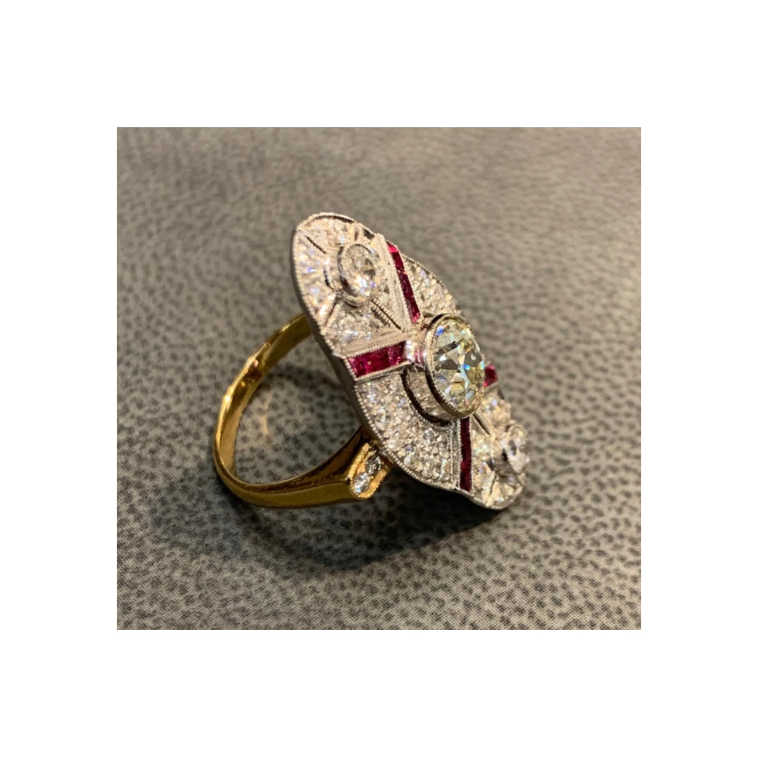 Art Deco Old European Cut Diamond & Ruby Navette Ring - Image 6
