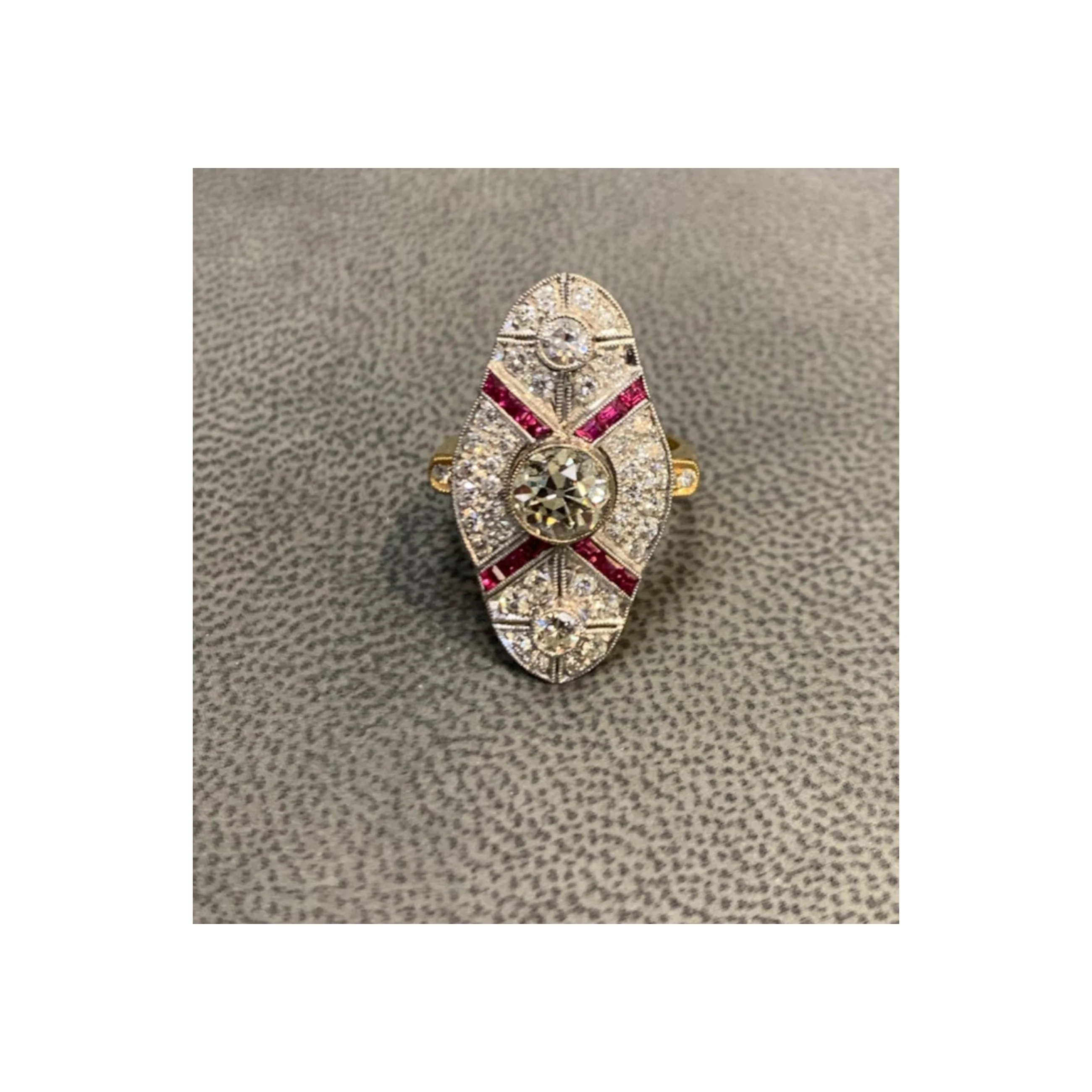 Art Deco Old European Cut Diamond & Ruby Navette Ring - Image 8