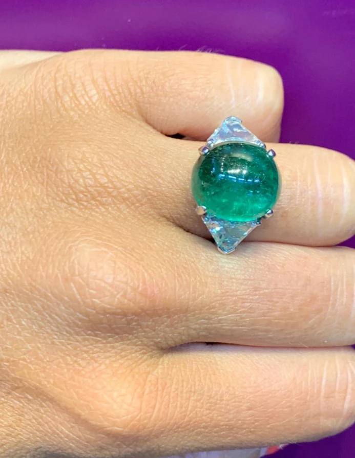 Cabochon Colombian Emerald and Diamond Three-Stone Ring - Image 3