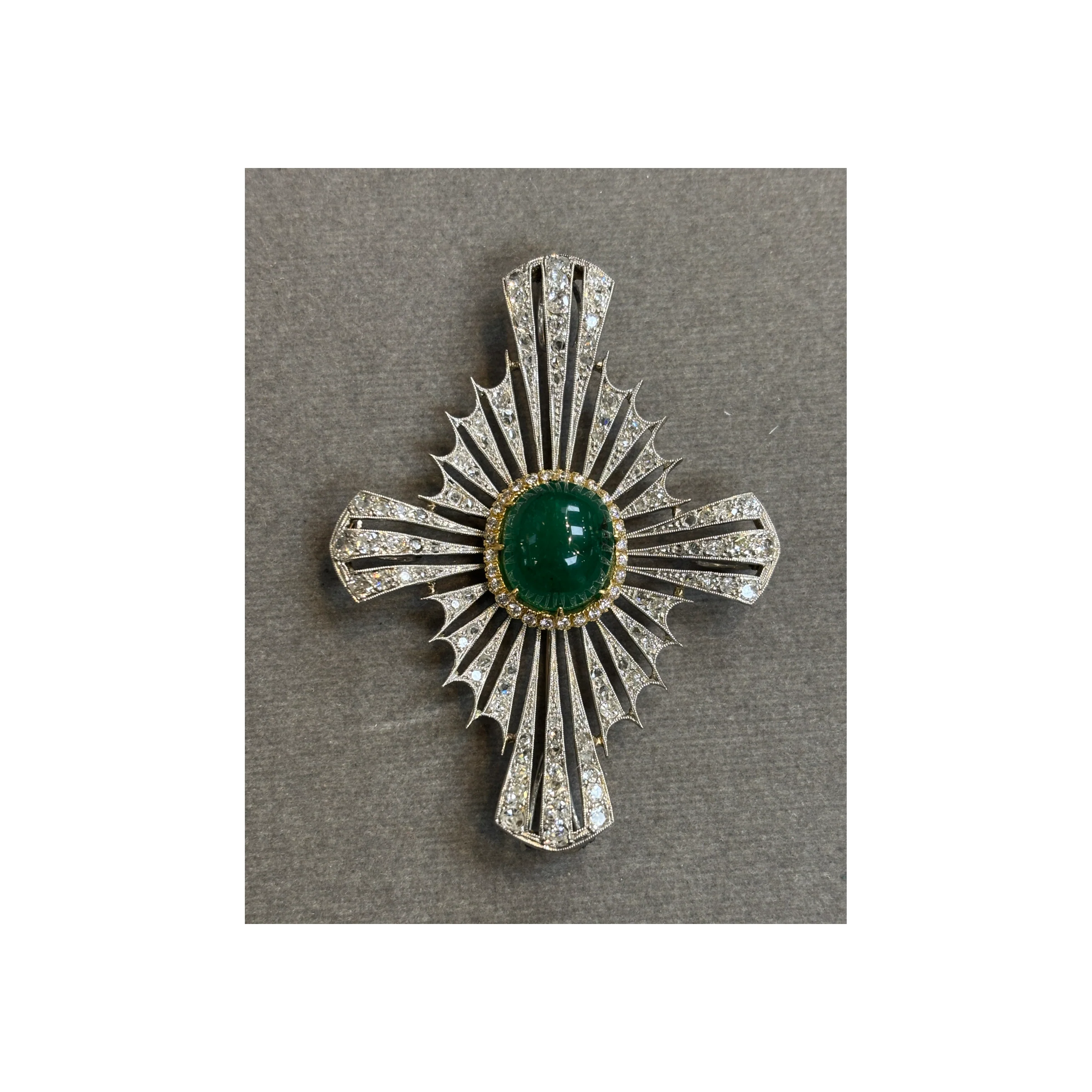 Cabochon Emerald and Diamond Maltese Cross Brooch - Image 10