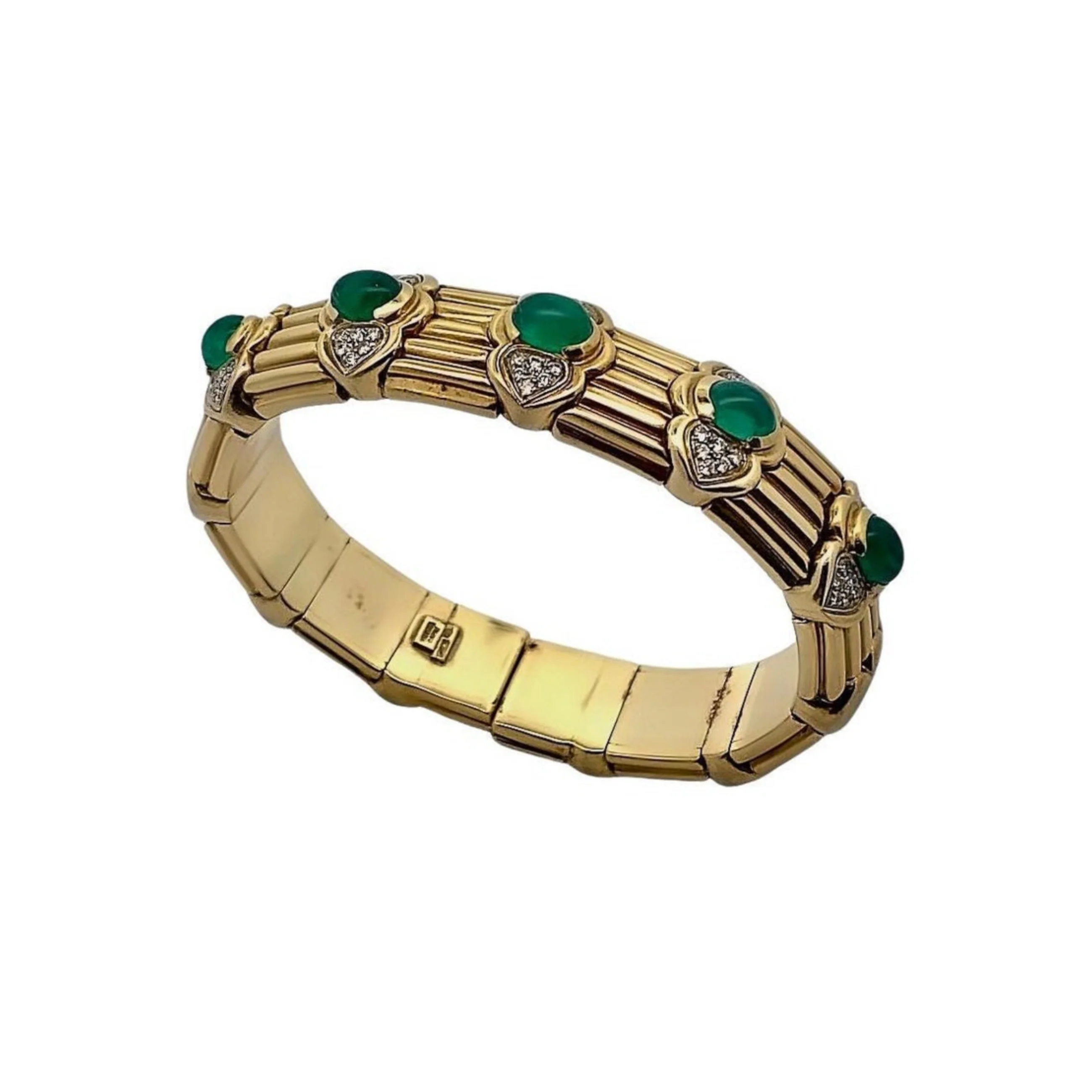 Cabochon Emerald & Diamond Gold Bangle Bracelet