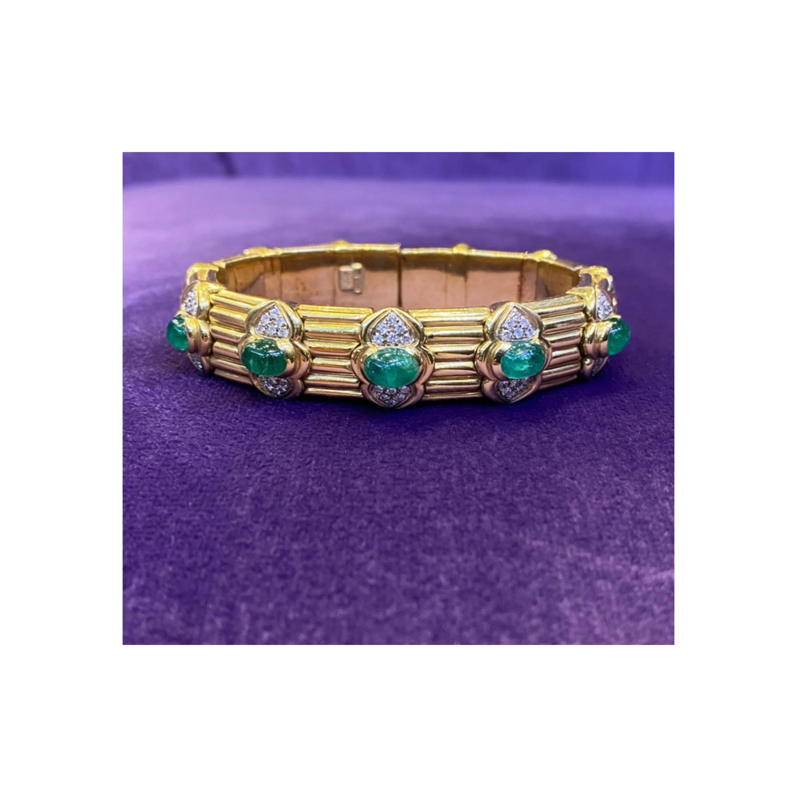 Cabochon Emerald & Diamond Gold Bangle Bracelet - Image 6