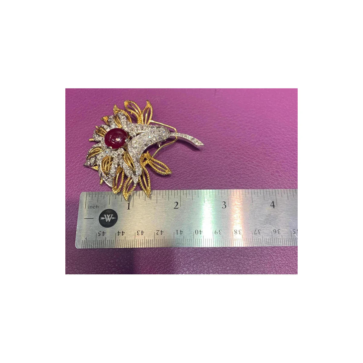 Cabochon Ruby and Diamond Flower Brooch - Image 4