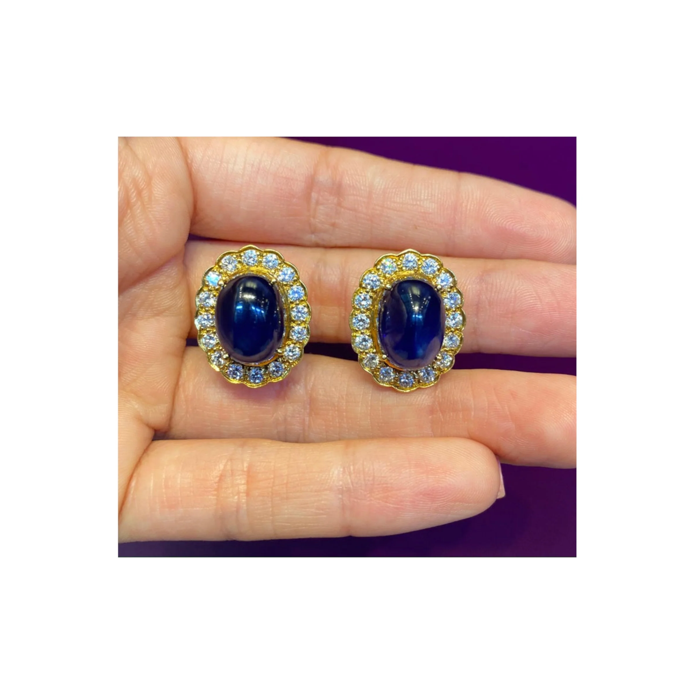 Cabochon Sapphire & Diamond Halo Earrings - Image 4