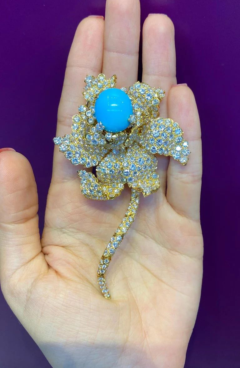 Cabochon Turquoise & Diamond Flower Brooch - Image 3