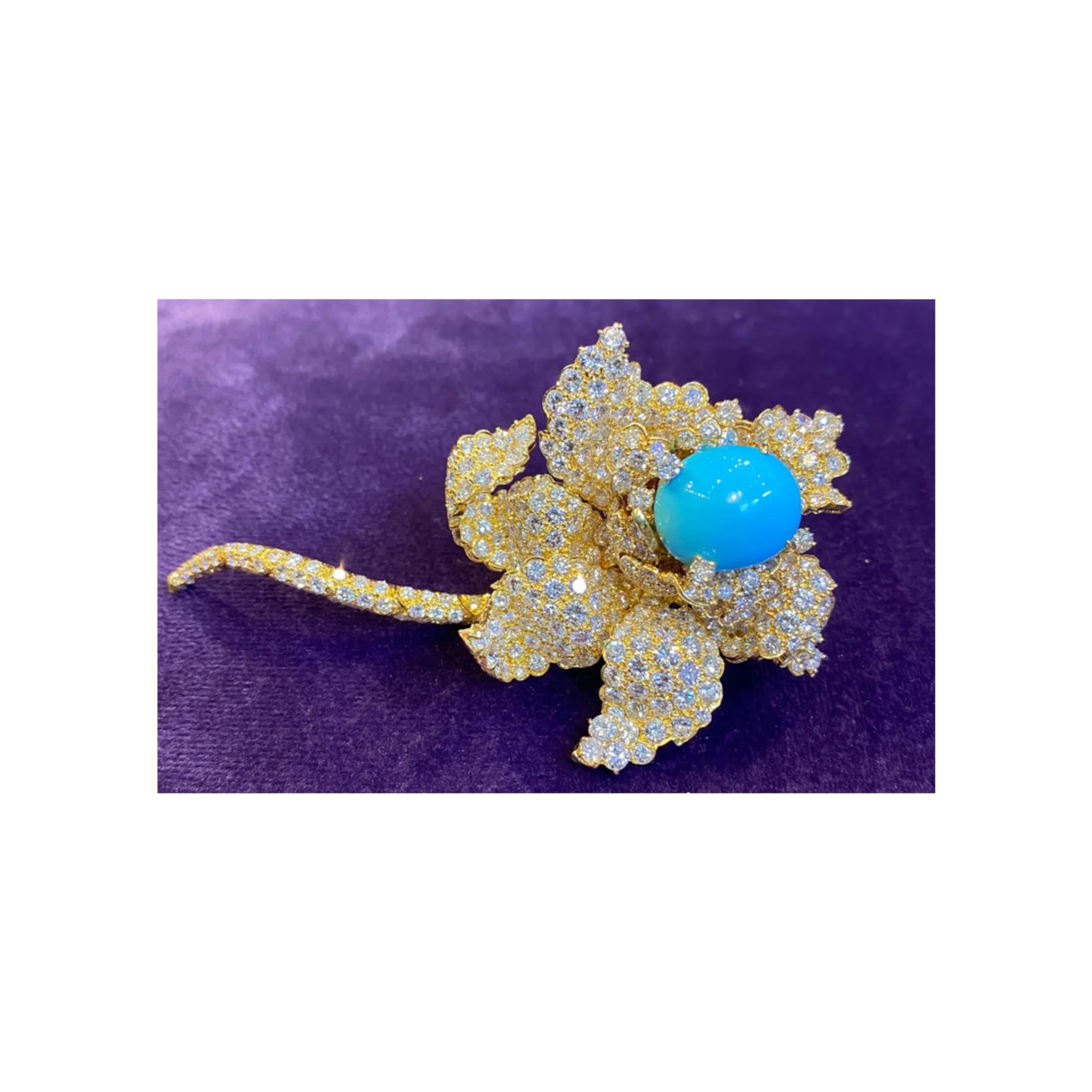 Cabochon Turquoise & Diamond Flower Brooch - Image 5
