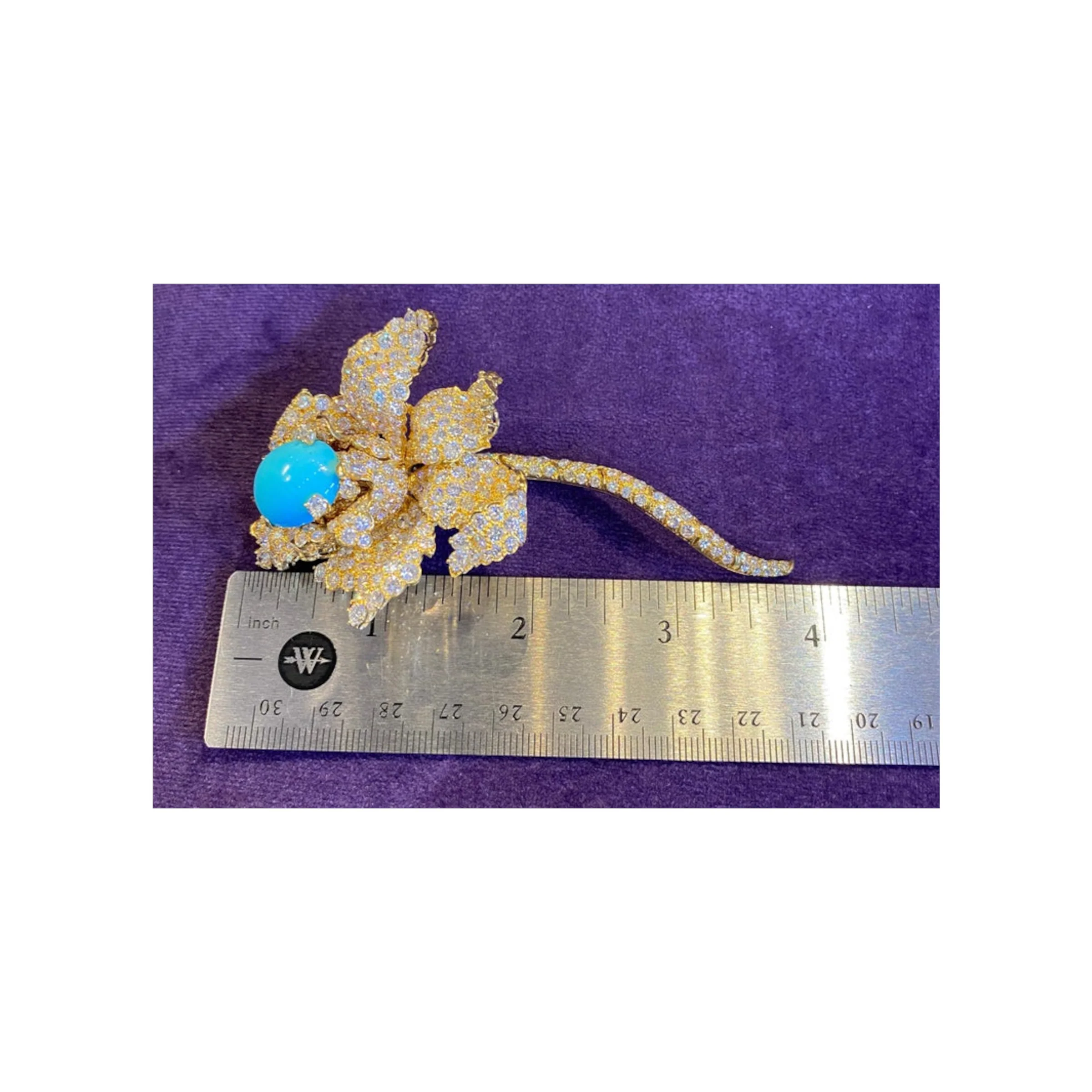 Cabochon Turquoise & Diamond Flower Brooch - Image 6