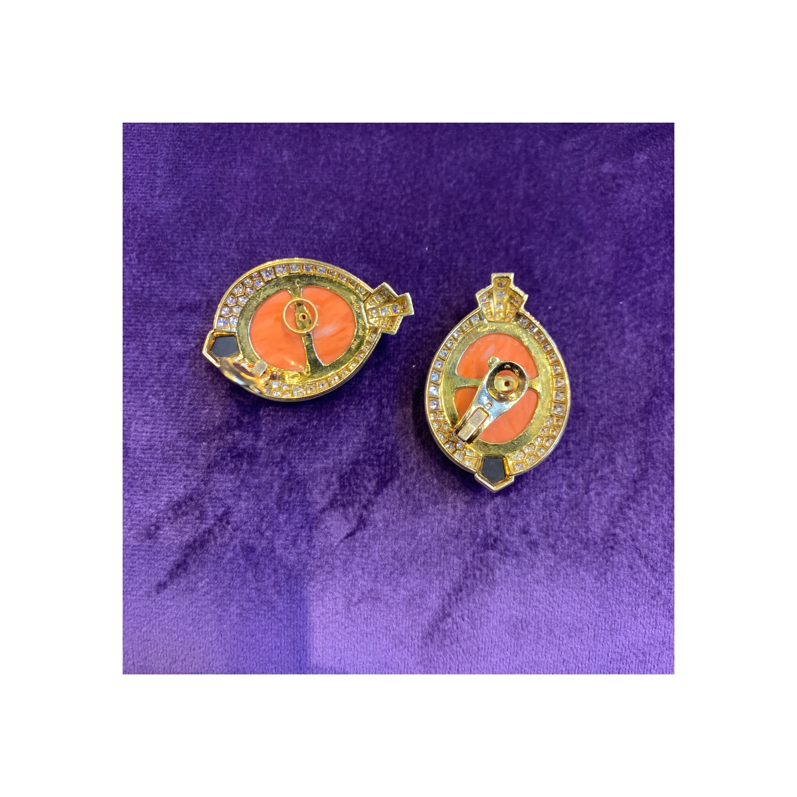 Cartier Egyptian Revival Coral Diamond & Onyx Earrings - Image 10