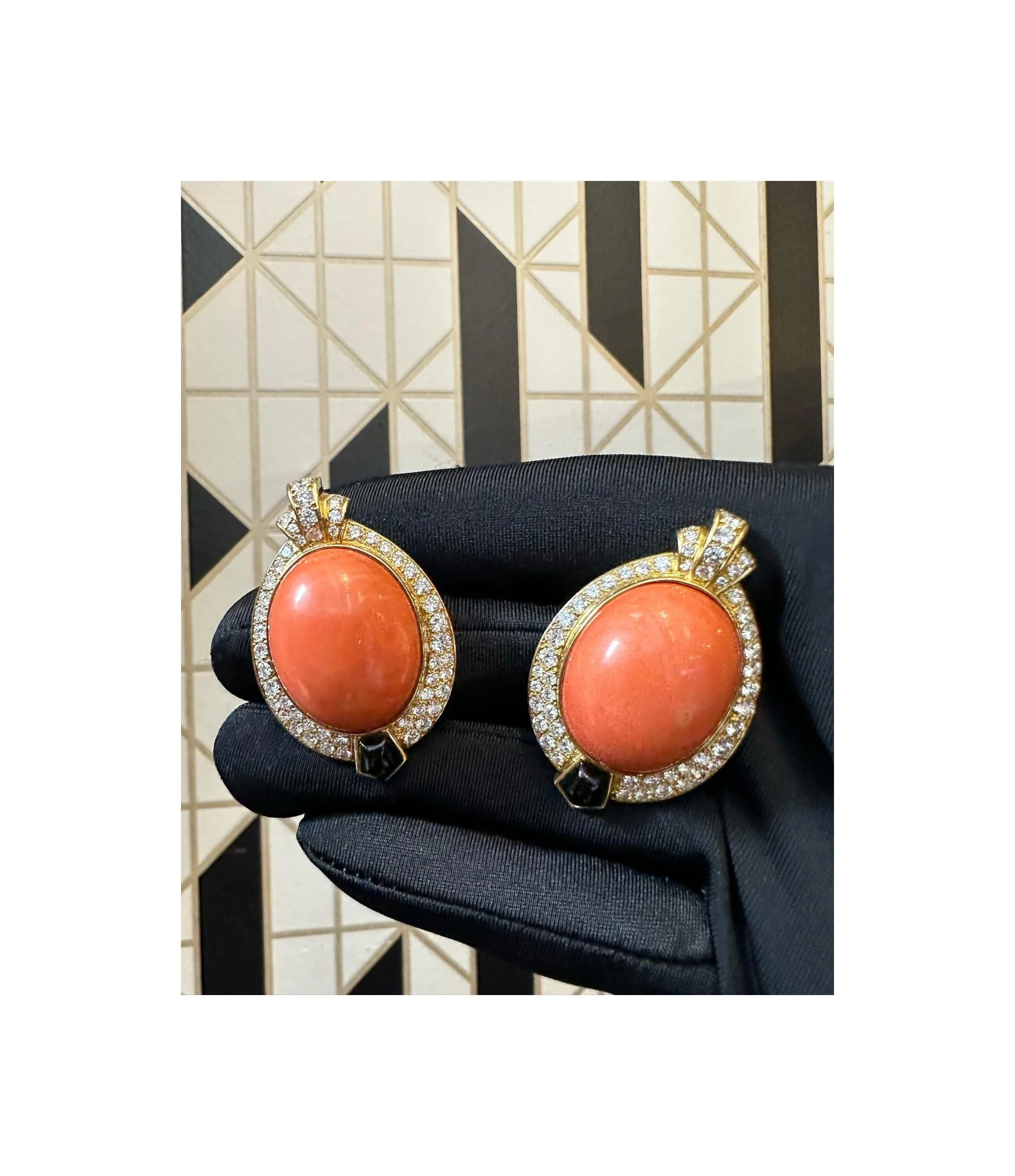 Cartier Egyptian Revival Coral Diamond & Onyx Earrings - Image 3