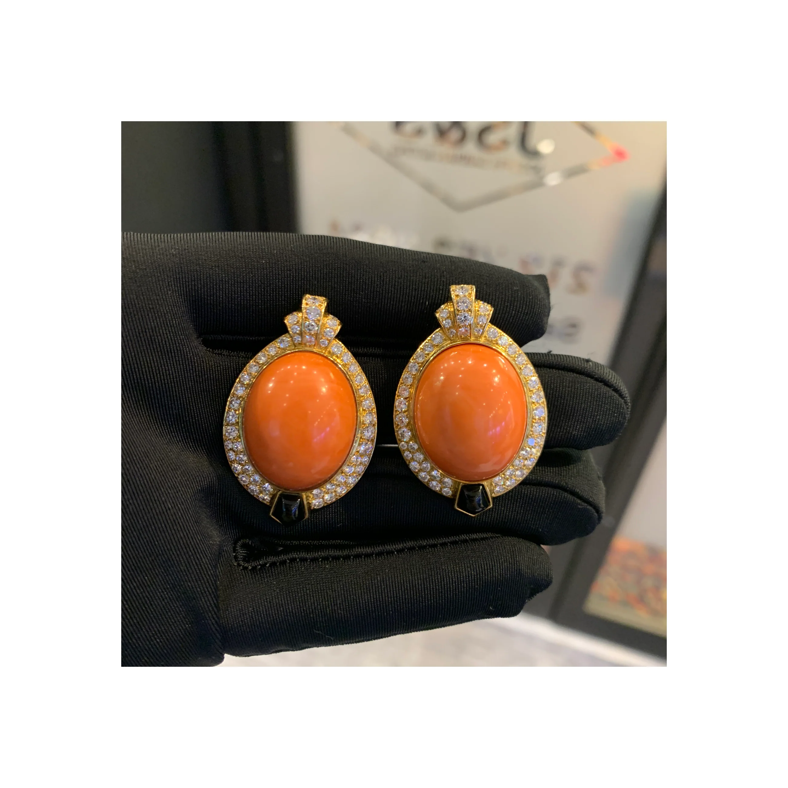 Cartier Egyptian Revival Coral Diamond & Onyx Earrings - Image 5