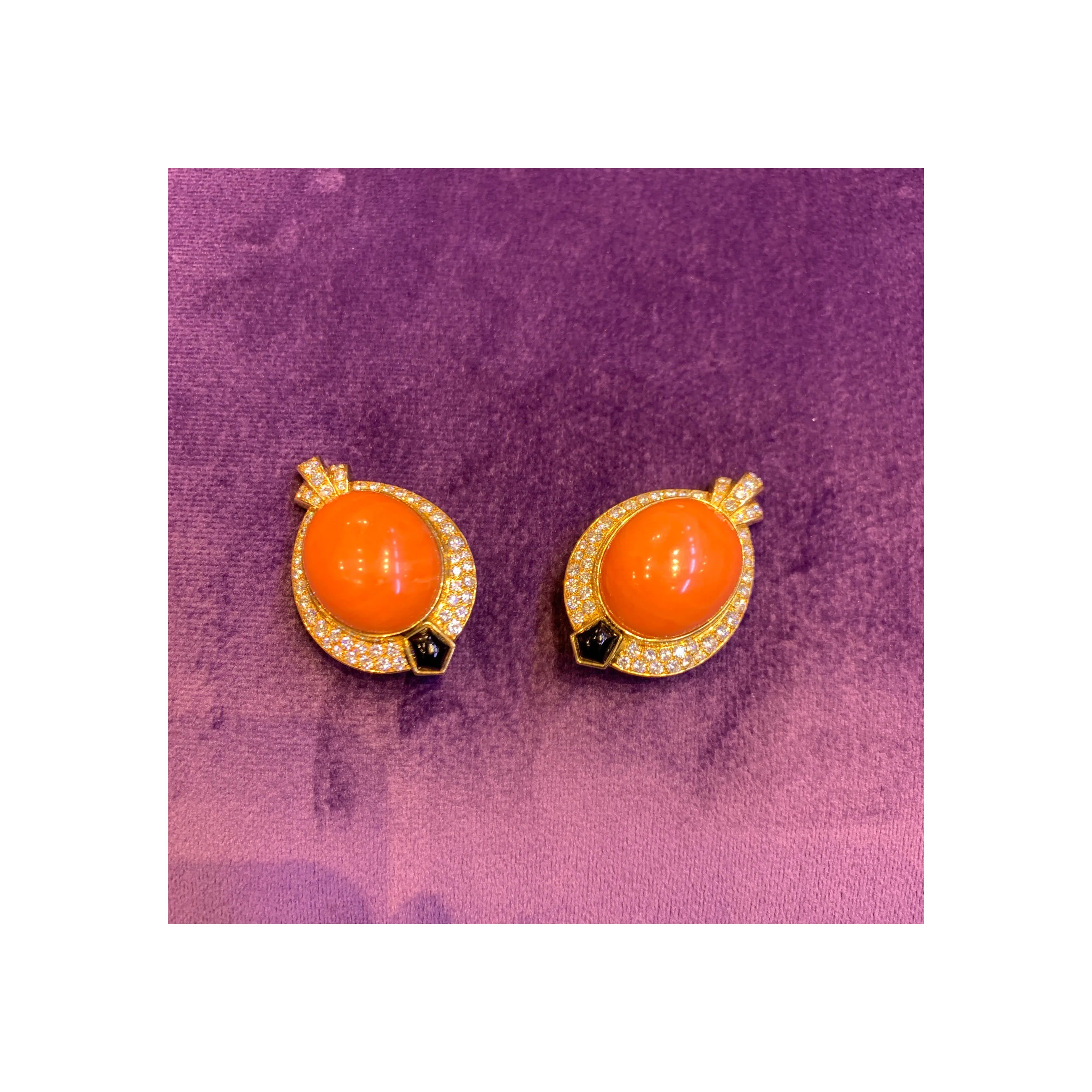 Cartier Egyptian Revival Coral Diamond & Onyx Earrings - Image 6
