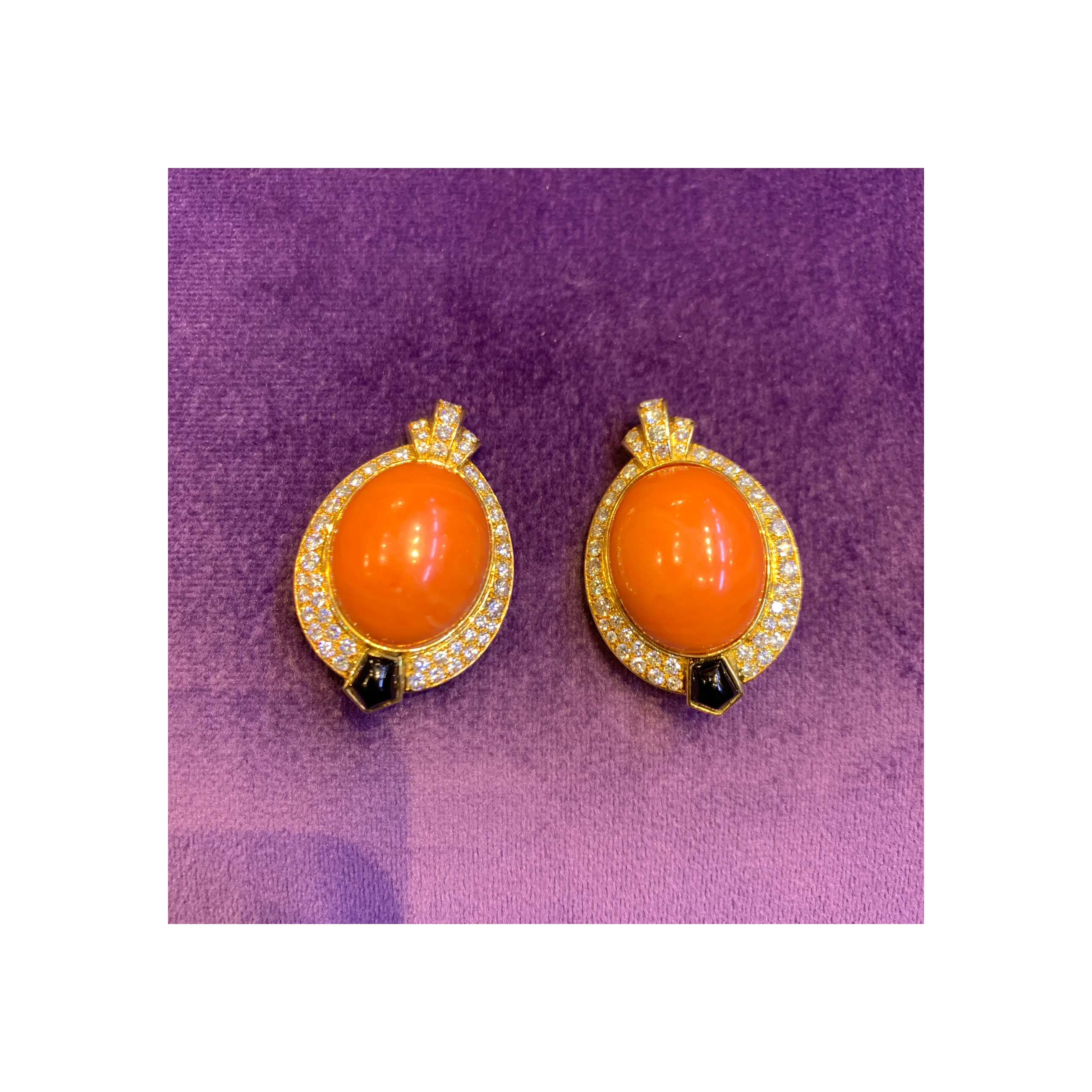 Cartier Egyptian Revival Coral Diamond & Onyx Earrings - Image 7