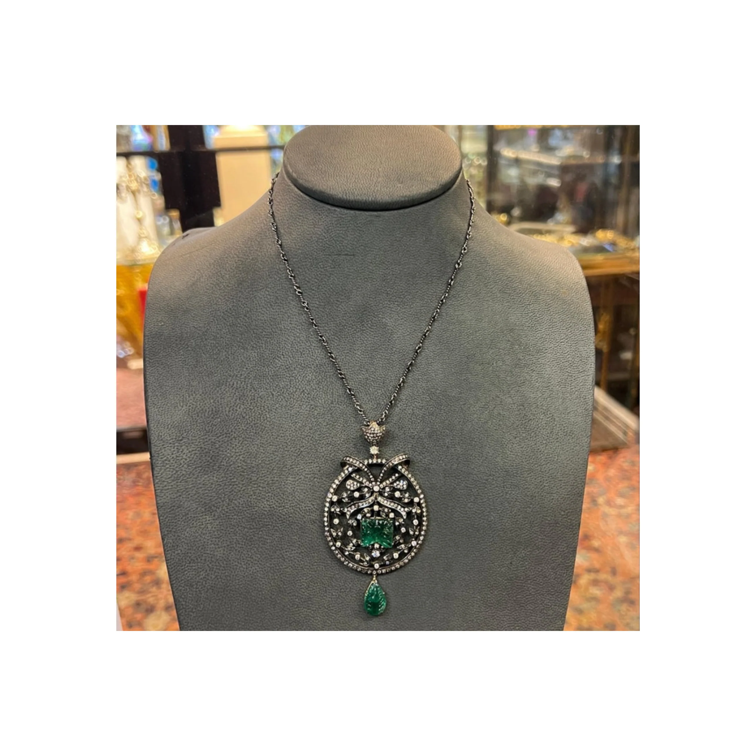 Carved Emerald and Diamond Pendant Necklace - Image 6