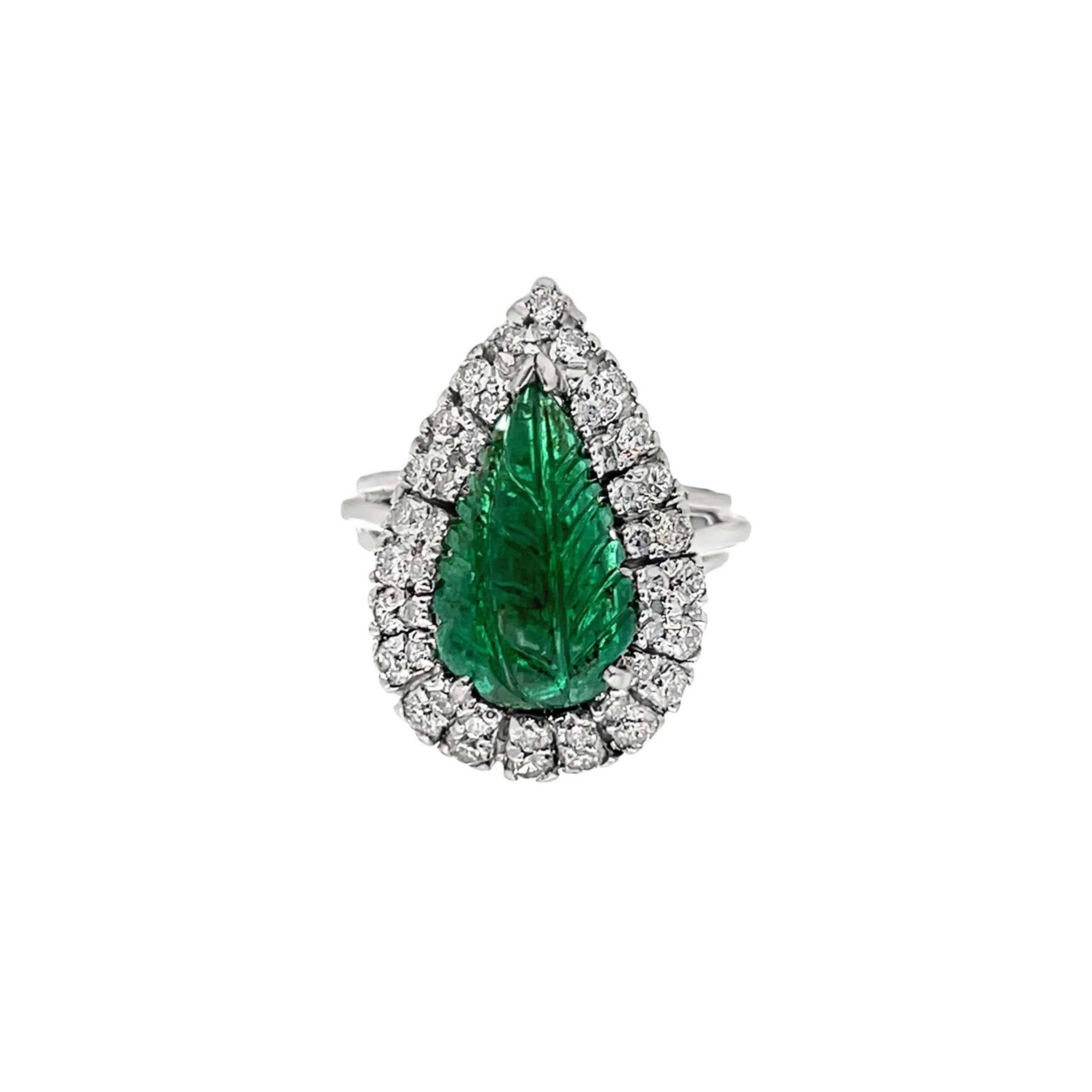 Carved Emerald & Diamond Ring
