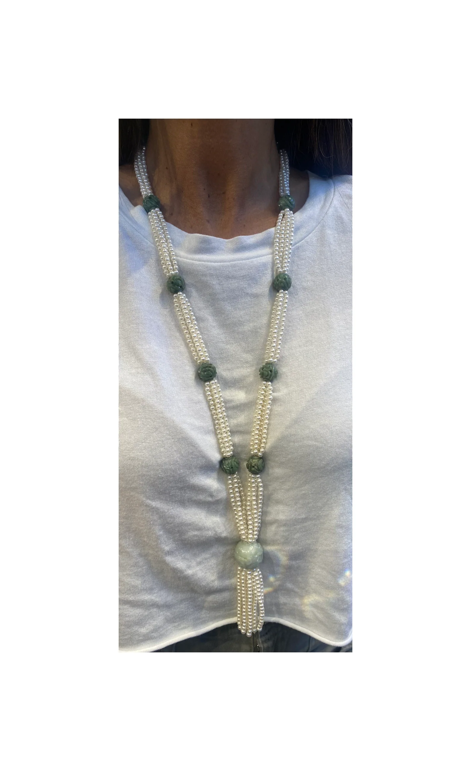 Carved Jade and Pearl Tassel Necklace - Image 2