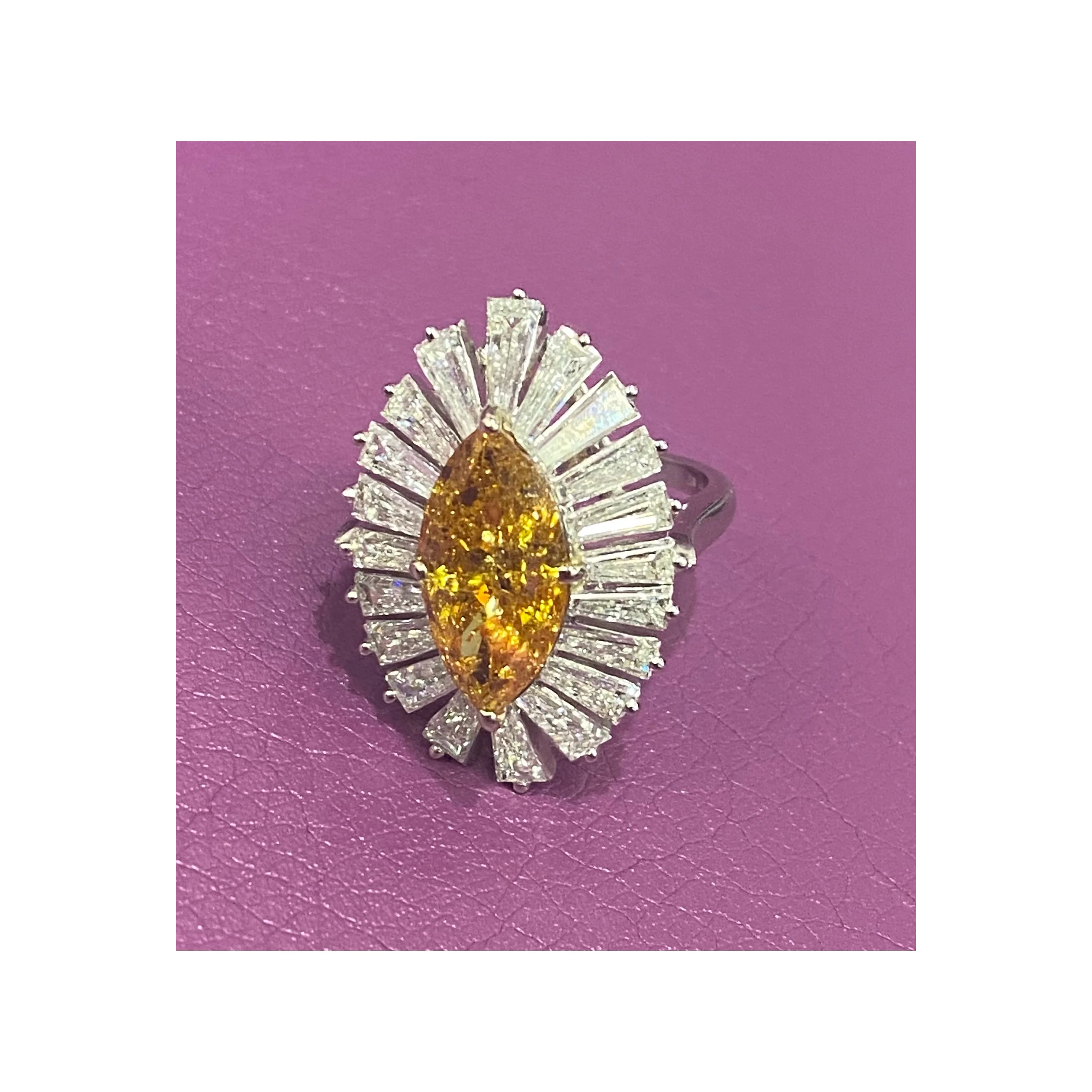 Fancy Deep Orange Yellow Marquise & Baguette Cut Diamond Ring - Image 5
