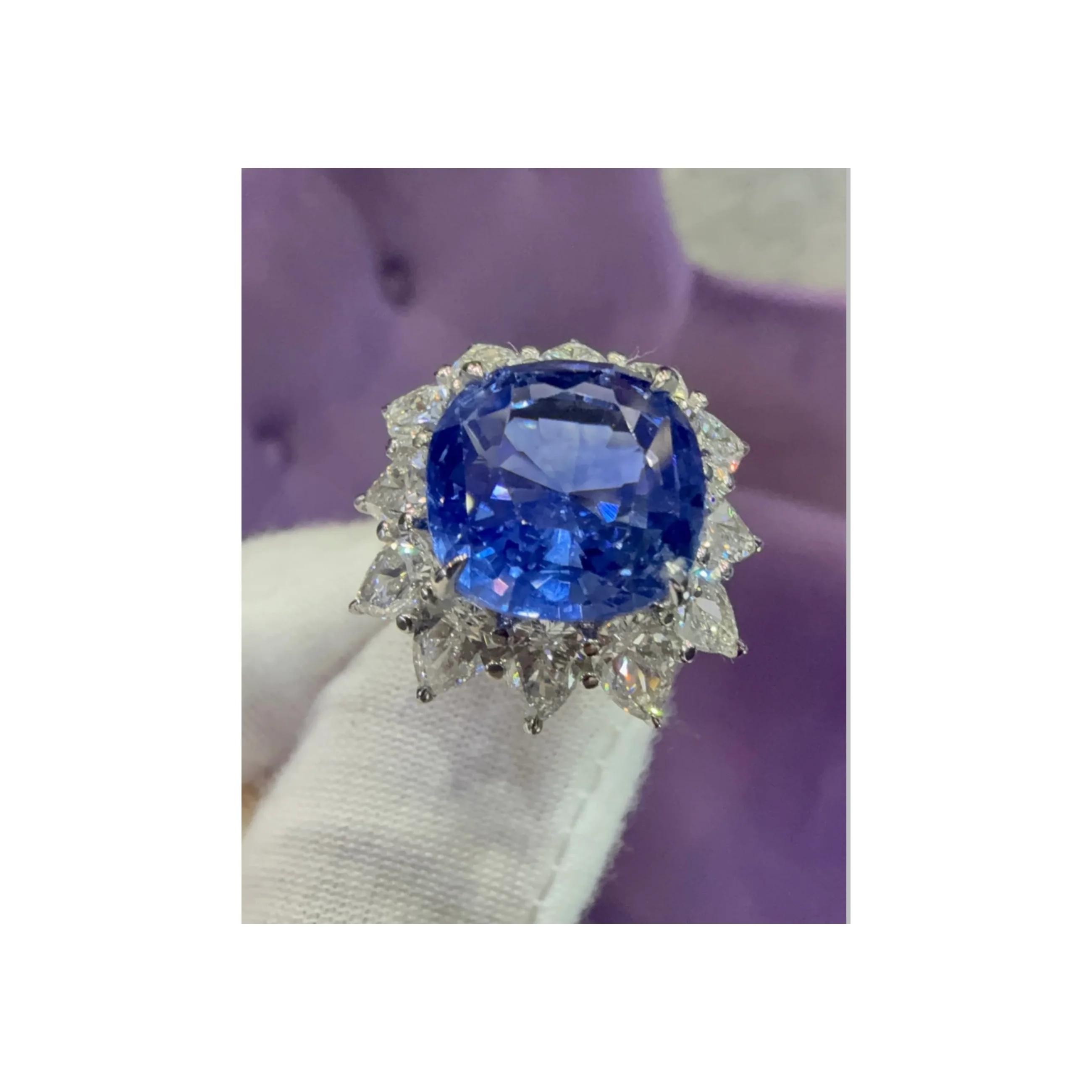 Certified Natural 13.24 Carat Unheated Cushion Cut Sapphire and Diamond Ring - Image 3