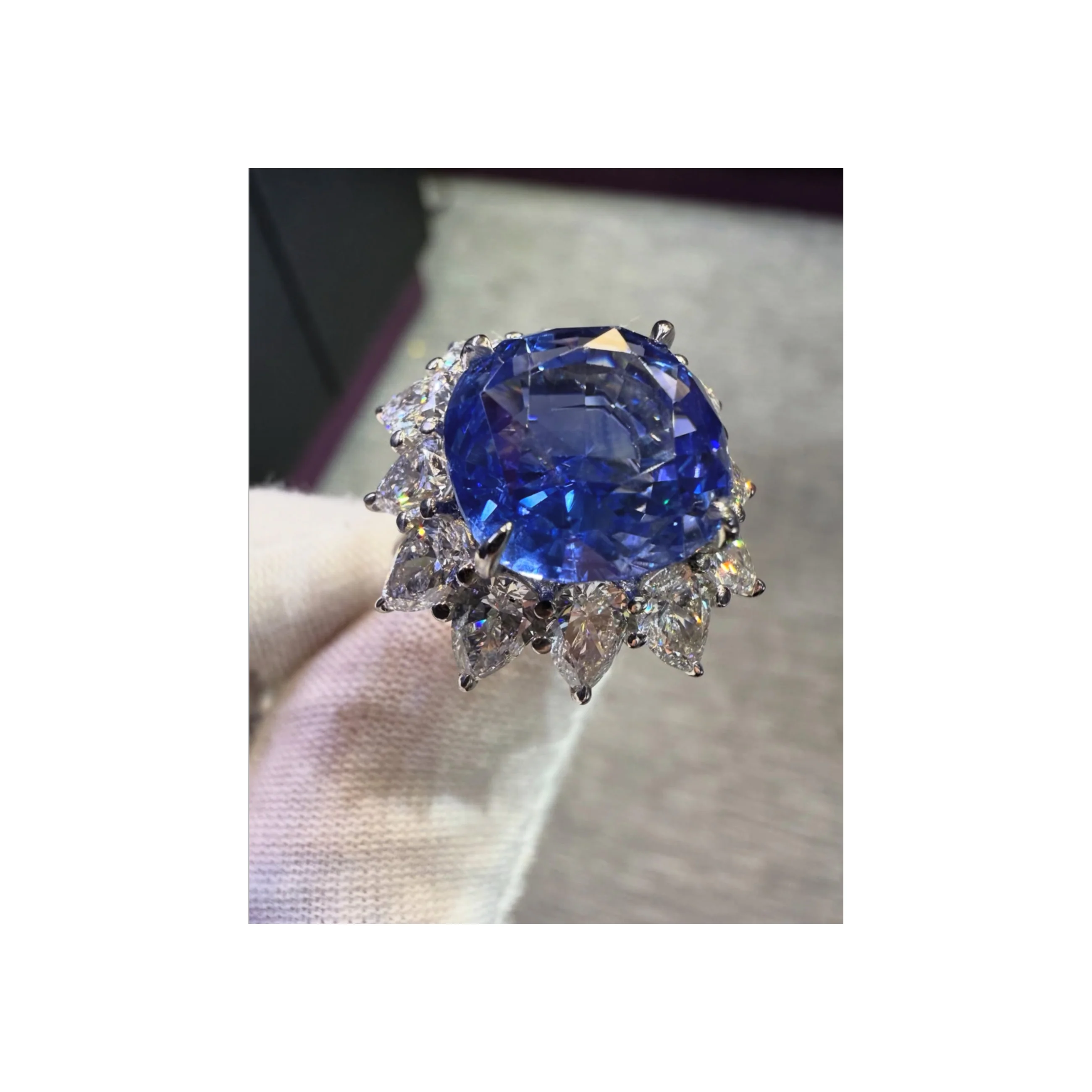 Certified Natural 13.24 Carat Unheated Cushion Cut Sapphire and Diamond Ring - Image 4