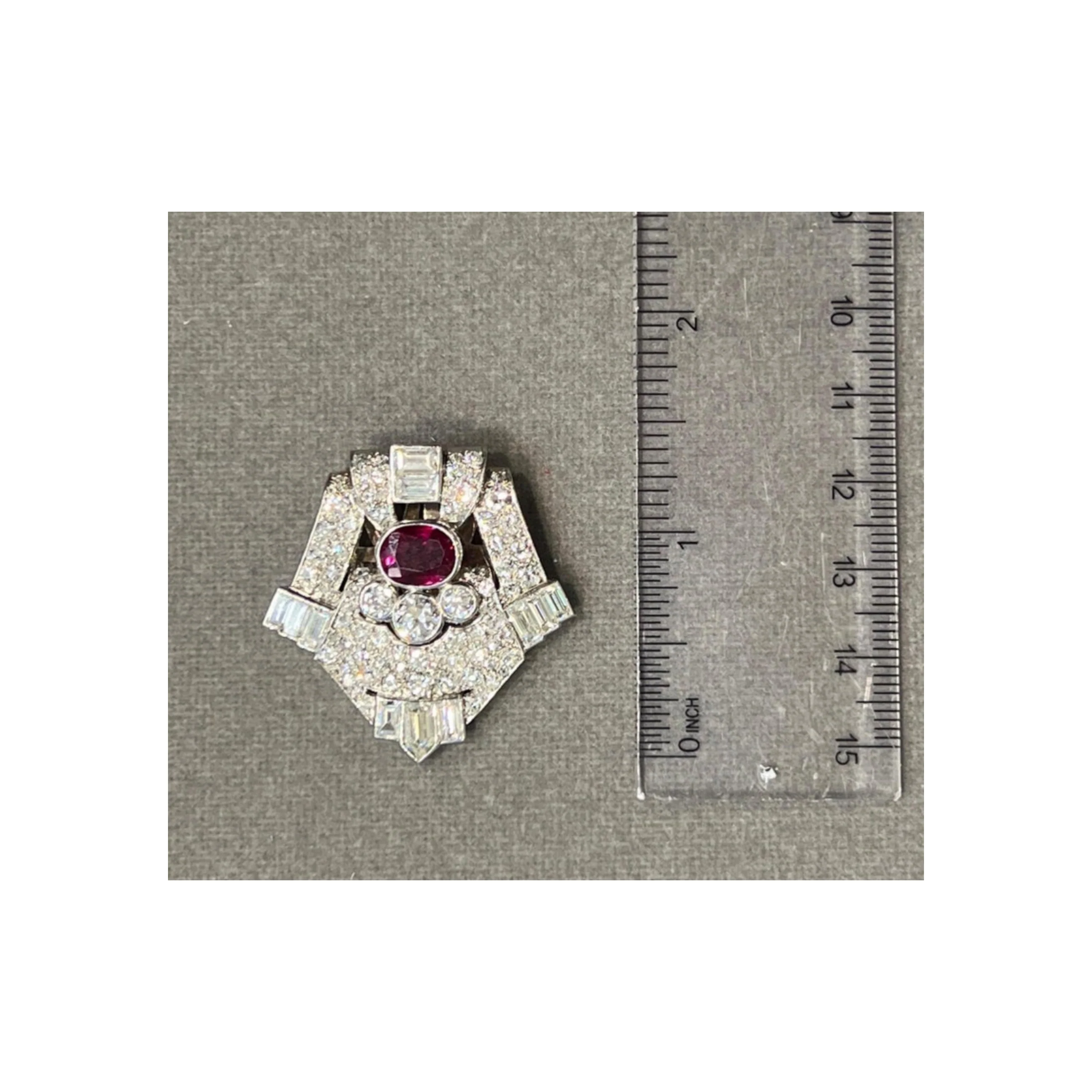 Certified Natural Art Deco Burmese Ruby and Diamond Clip - Image 3