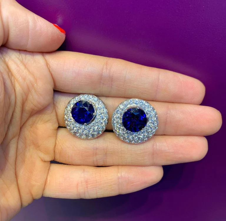 Certified Round Cut Sapphire & Pave Clip On Earrings - Image 4