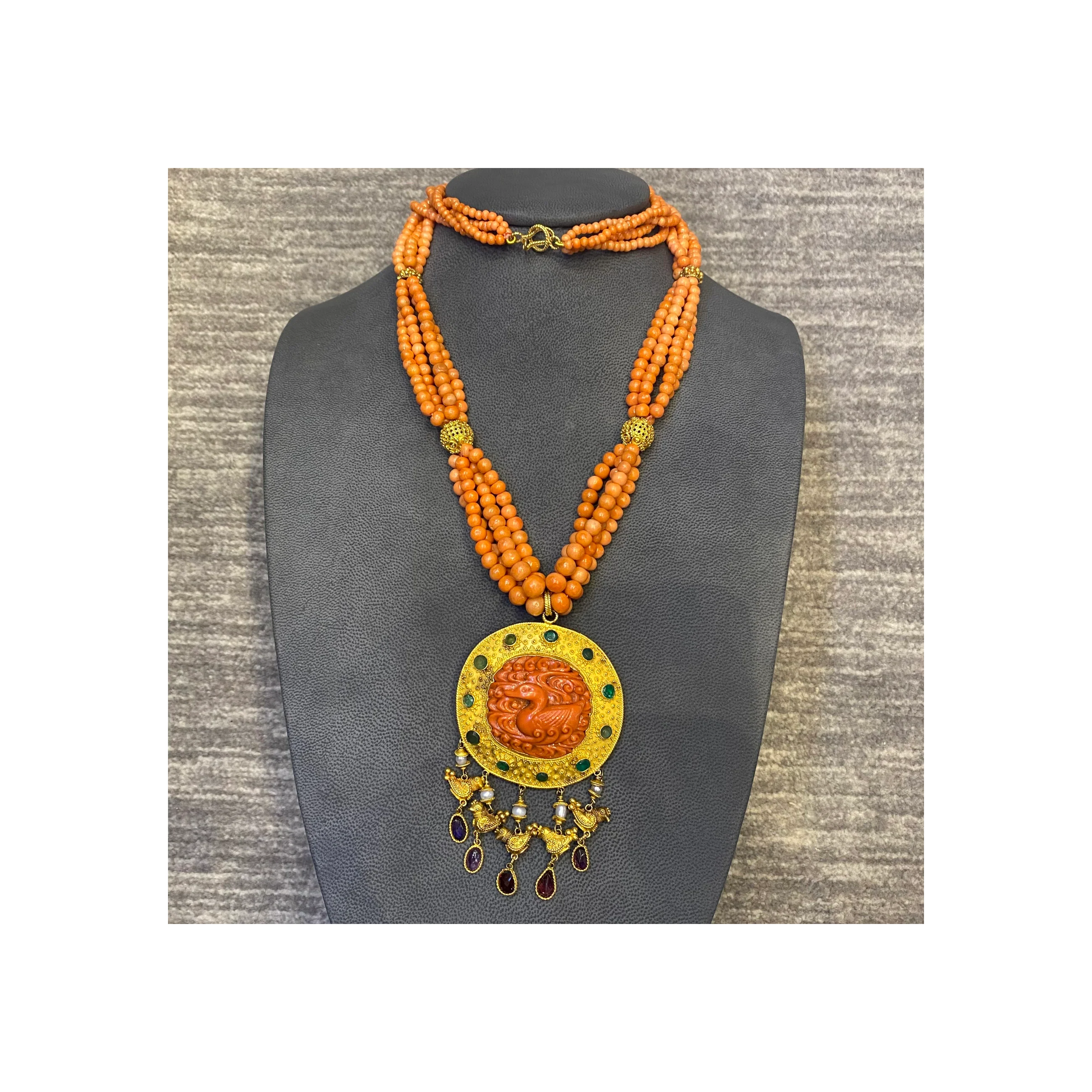 Coral & Gold Multi Strand Fish Pendant Necklace - Image 7