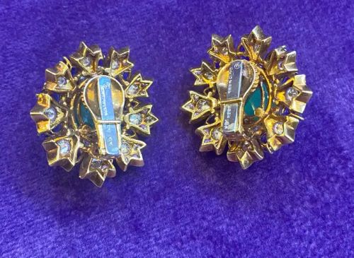 David Webb Cabochon Emerald Sapphire & Diamond Flower Earrings - Image 6