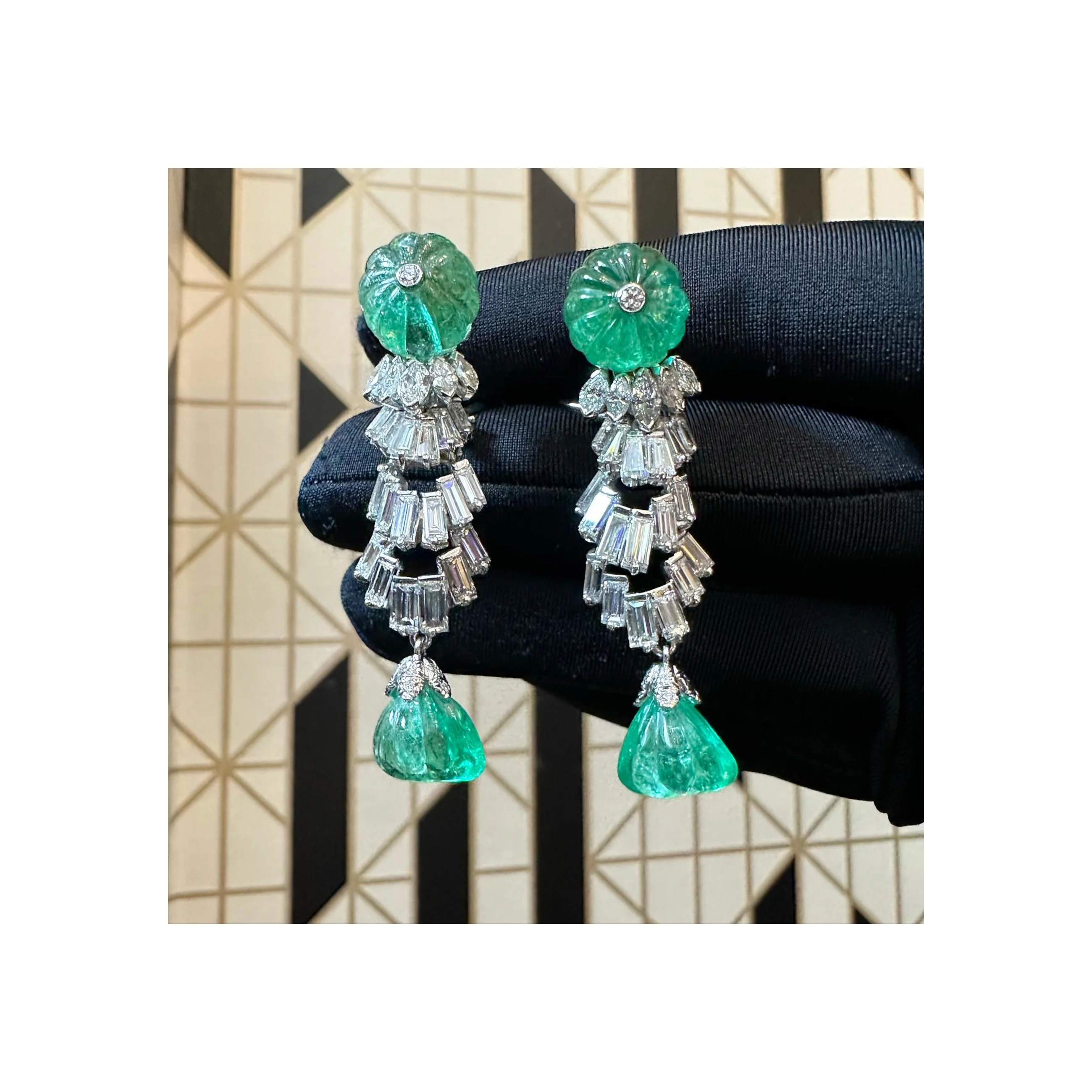 David Webb Carved Emerald & Diamond Earrings - Image 3