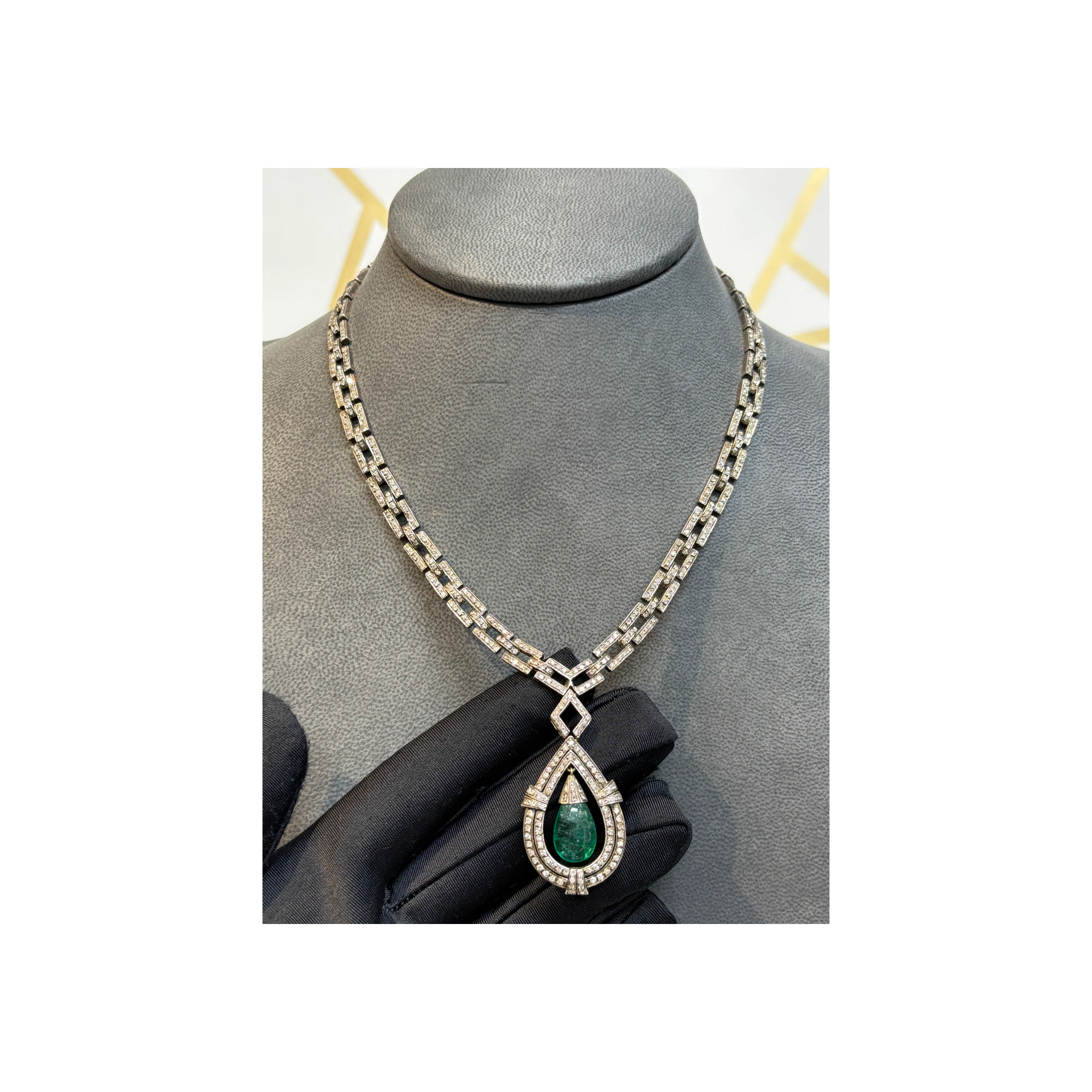 Diamond and Emerald Drop Necklace - Image 3
