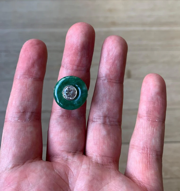 French Art Deco Jade Diamond Ring - Image 2