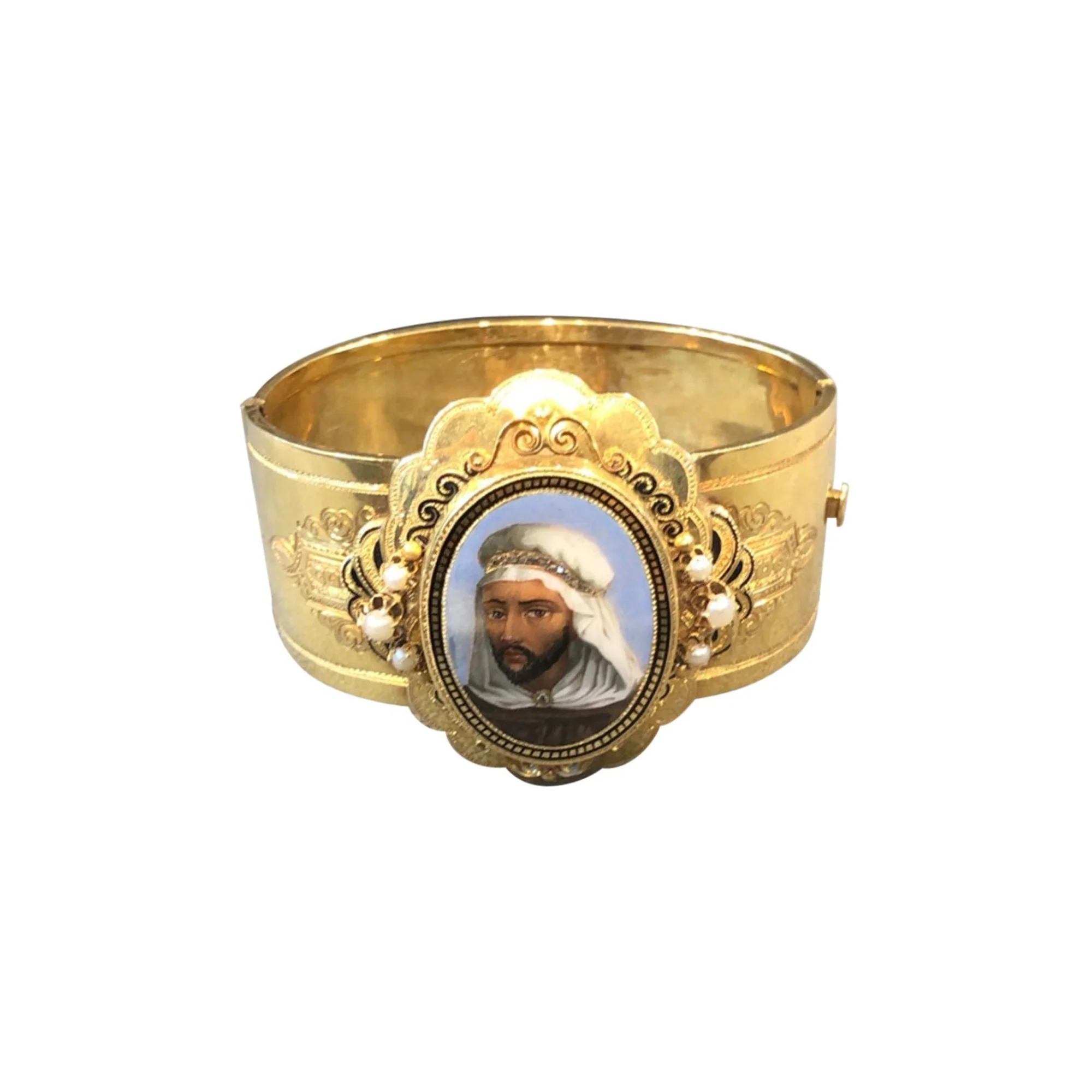 Gold and Enamel Portrait Cuff Bracelet