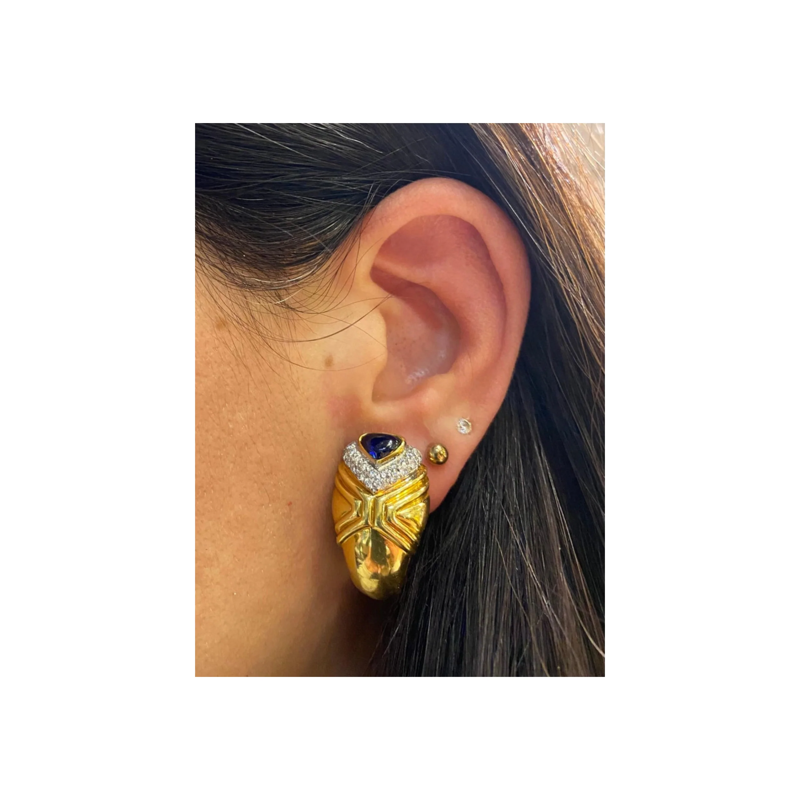 Heart Shape Cabochon Sapphire & Diamond Earrings - Image 2