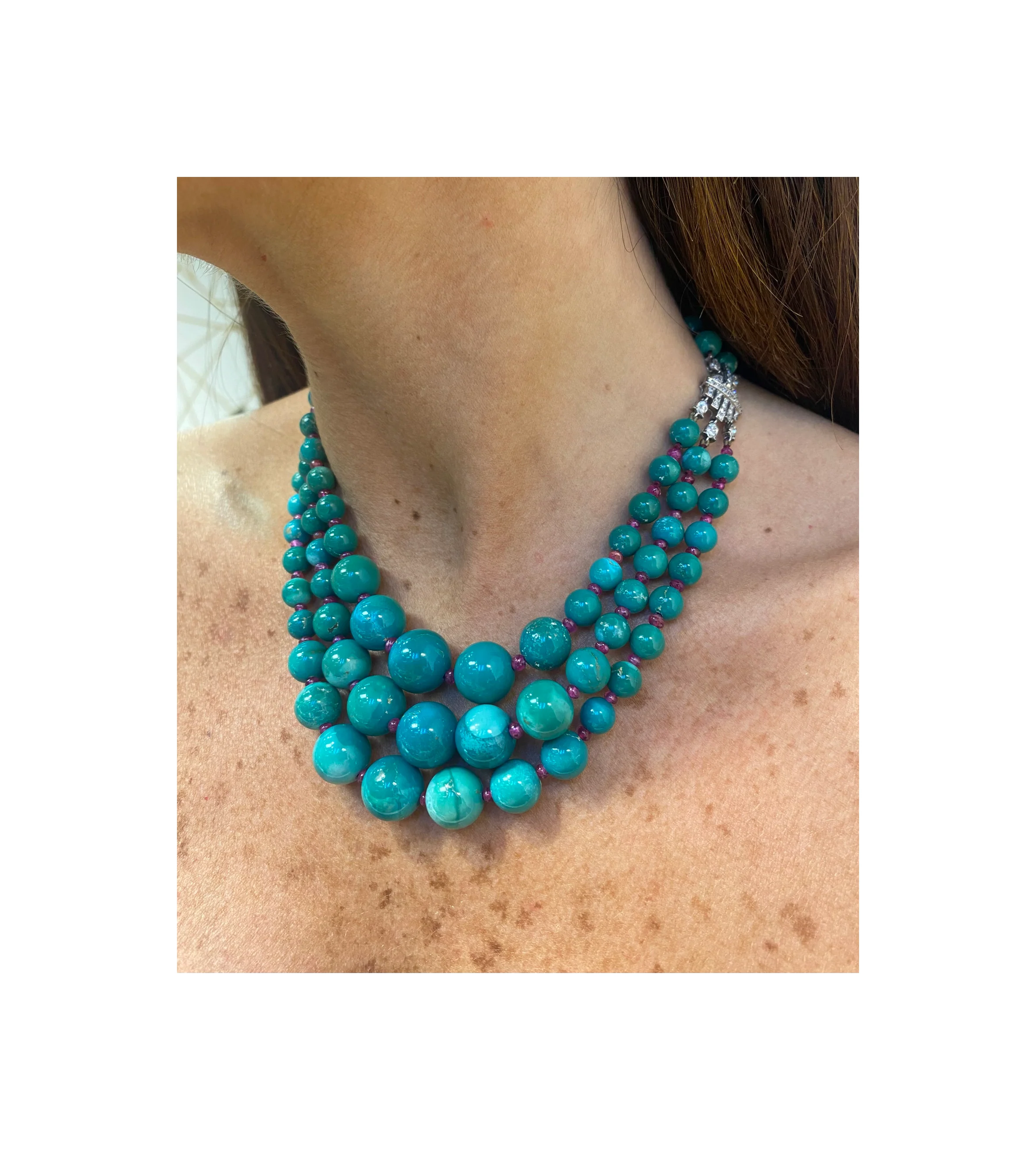 Historic Art Deco Cartier Turquoise and Ruby Bead Necklace - Image 3