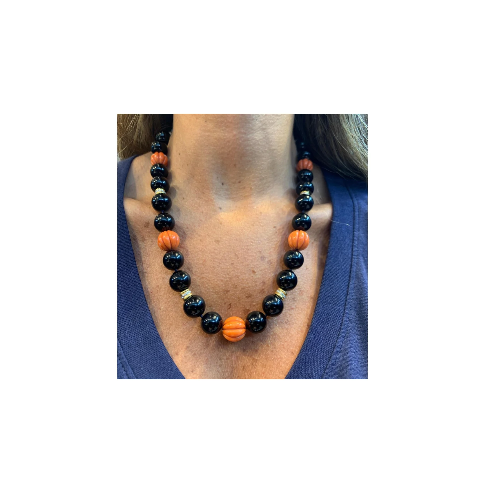 Large Onyx and Carved Coral Bead and Diamond Necklace - Image 3