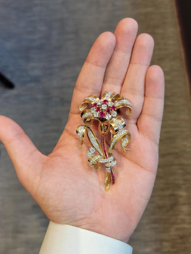 Large Retro Ruby and Diamond Flower Brooch - Image 3