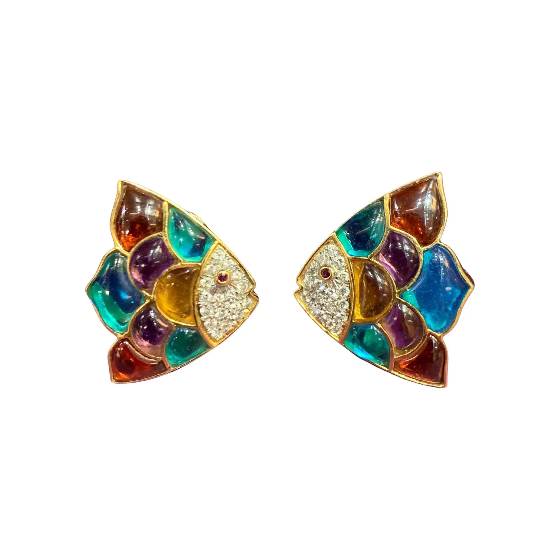 Multi Gem & Diamond Fish Earrings