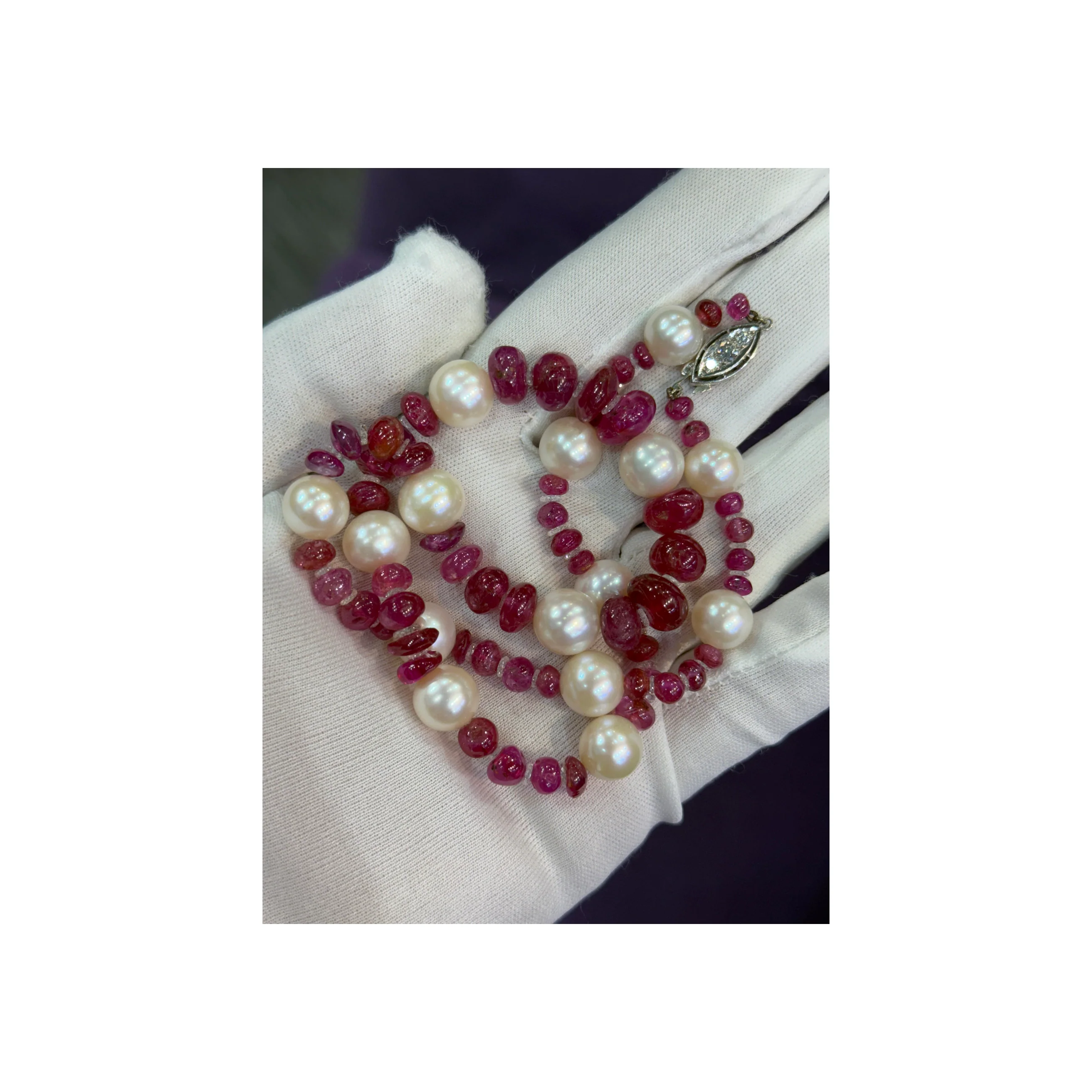 Natural Burmese Ruby Bead Pearl and Diamond Necklace - Image 10