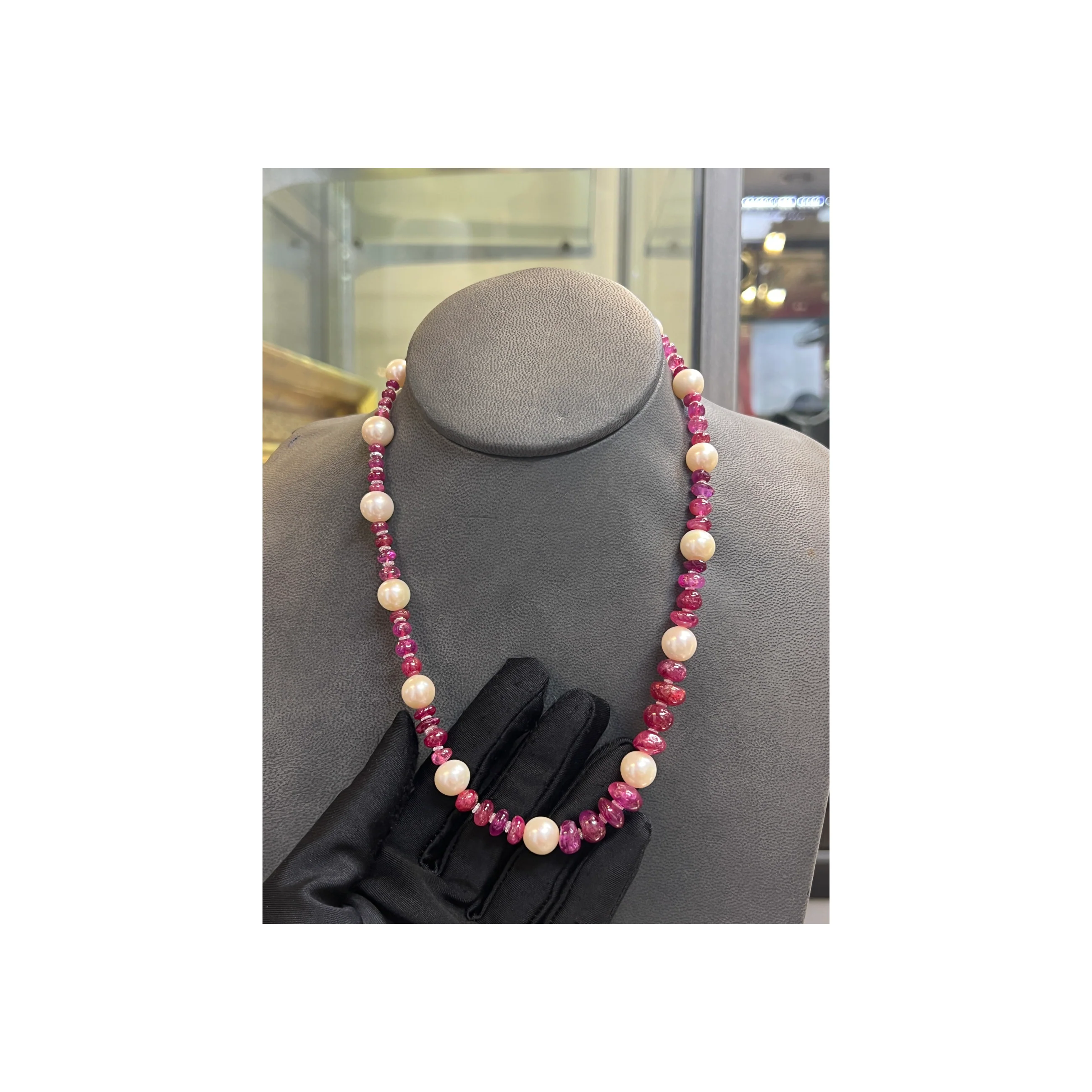 Natural Burmese Ruby Bead Pearl and Diamond Necklace - Image 3