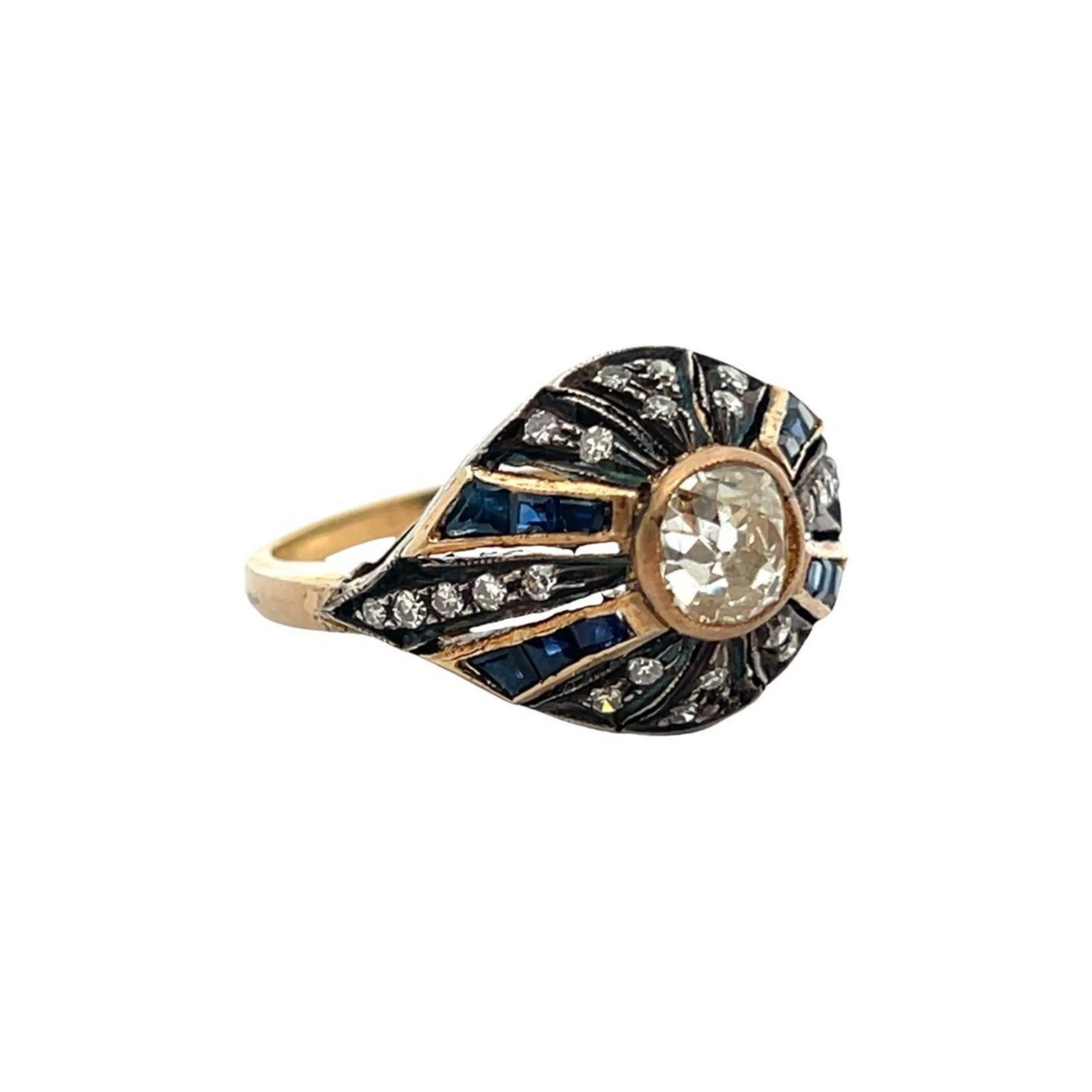 Old Mine Cut Diamond and Sapphire Ring