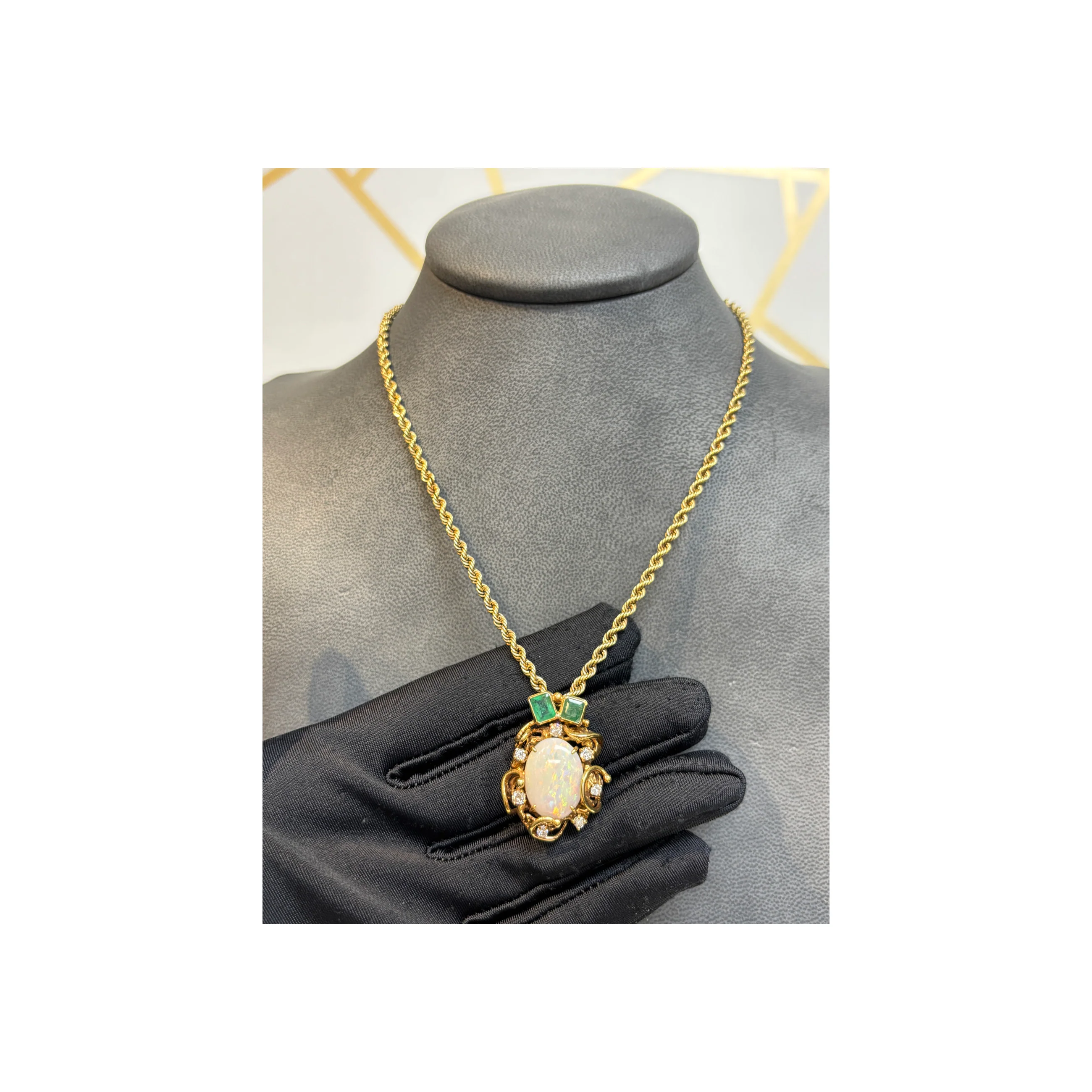 Opal Emerald and Diamond Pendant Necklace - Image 3