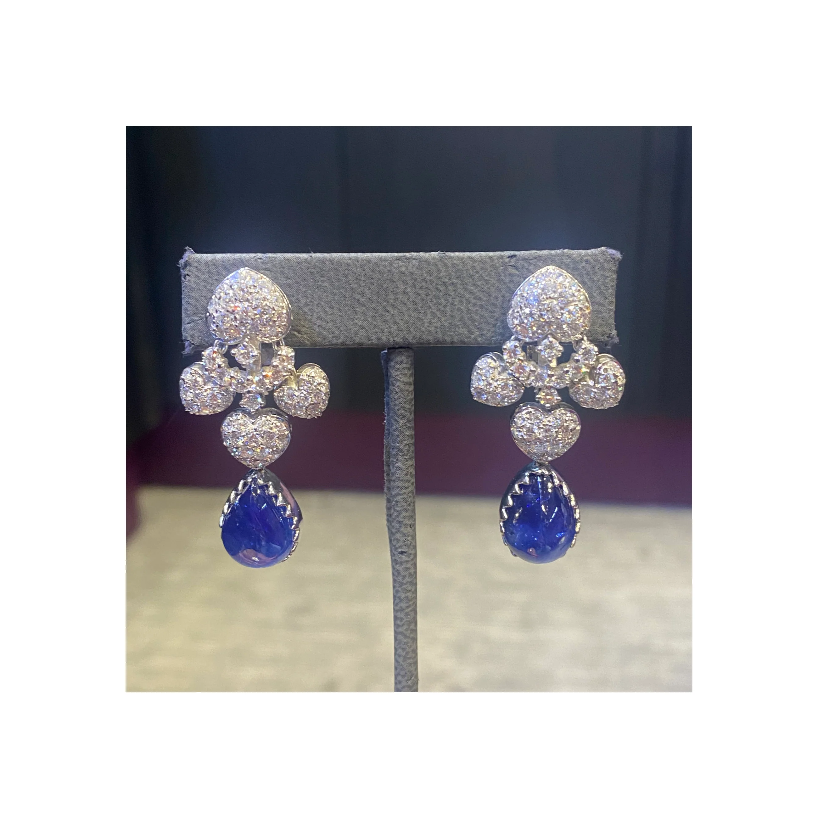 Pear Shape Cabochon Sapphire and Diamond Earrings - Image 4