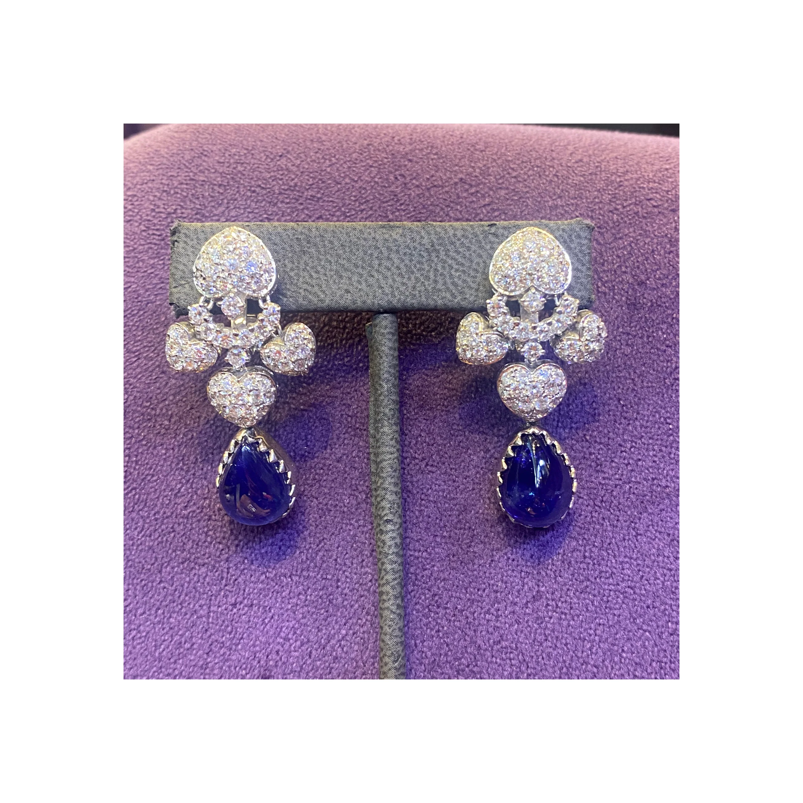 Pear Shape Cabochon Sapphire and Diamond Earrings - Image 5