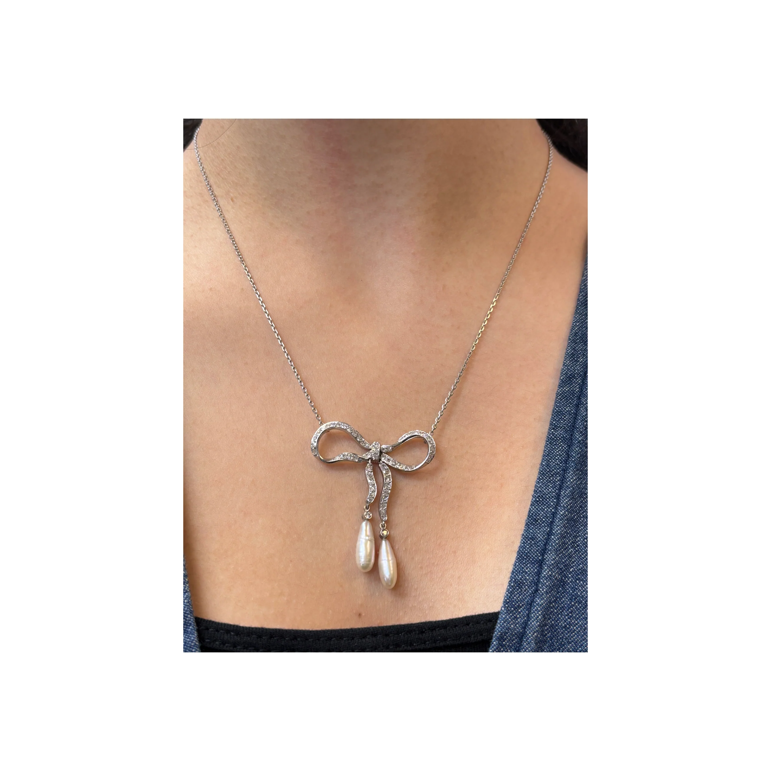 Pearl & Diamond Bow Necklace - Image 3