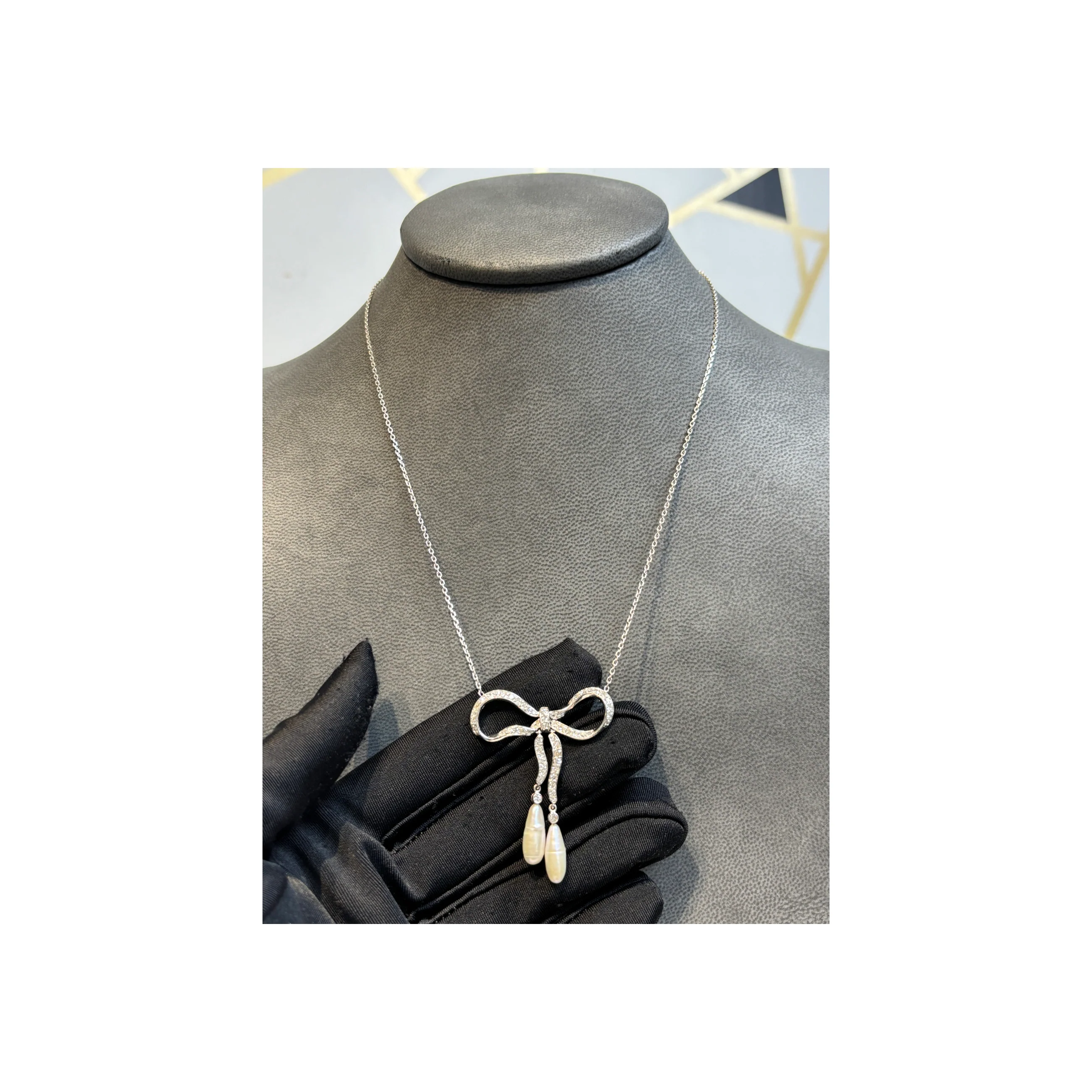 Pearl & Diamond Bow Necklace - Image 4